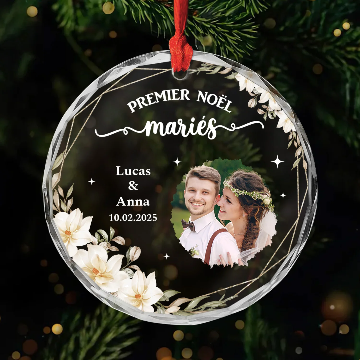 Ornement En Verre Personnalisé Couple Avec Photo - Premier Noël Mariés