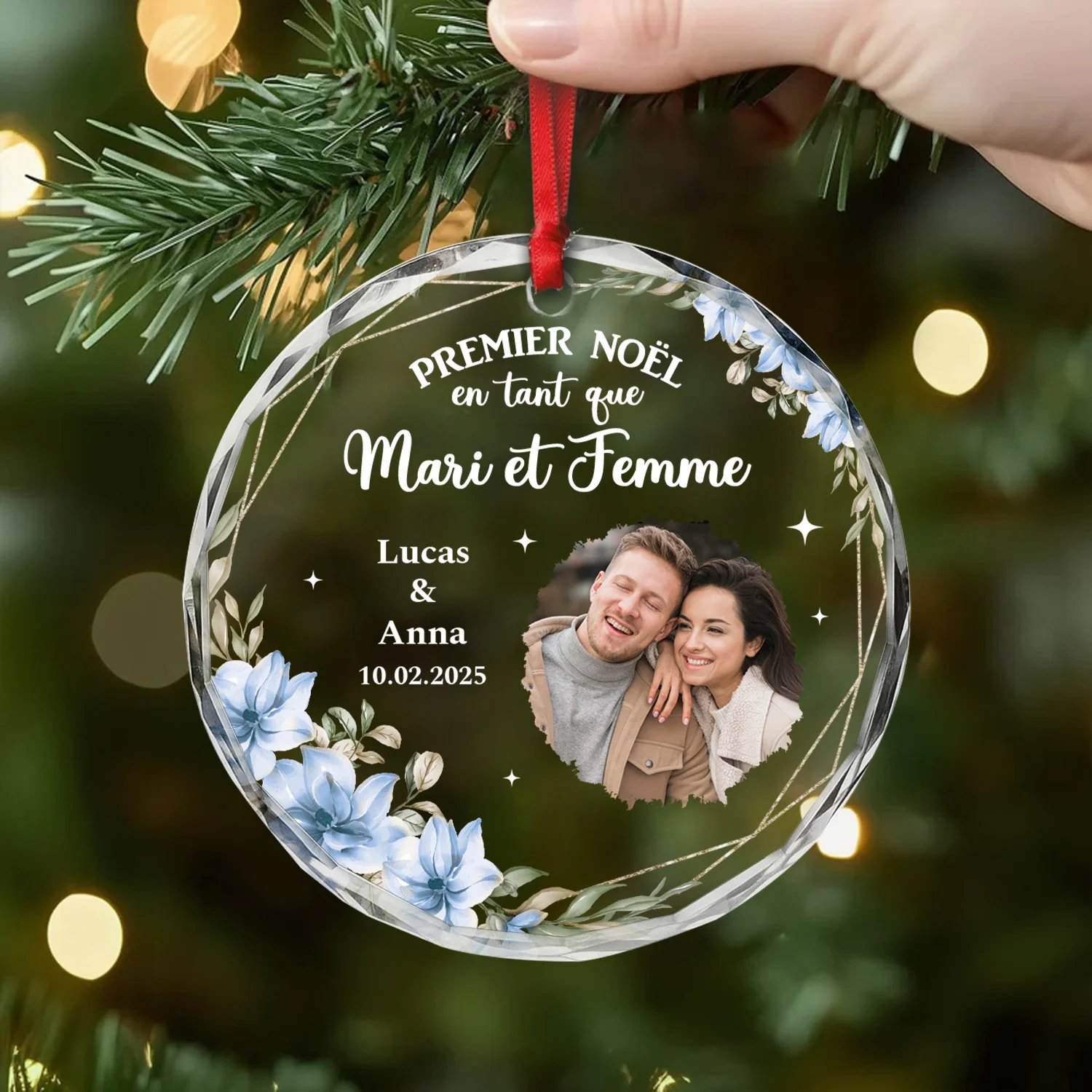 Ornement En Verre Personnalisé Couple Avec Photo - Premier Noël Mariés - Image 2