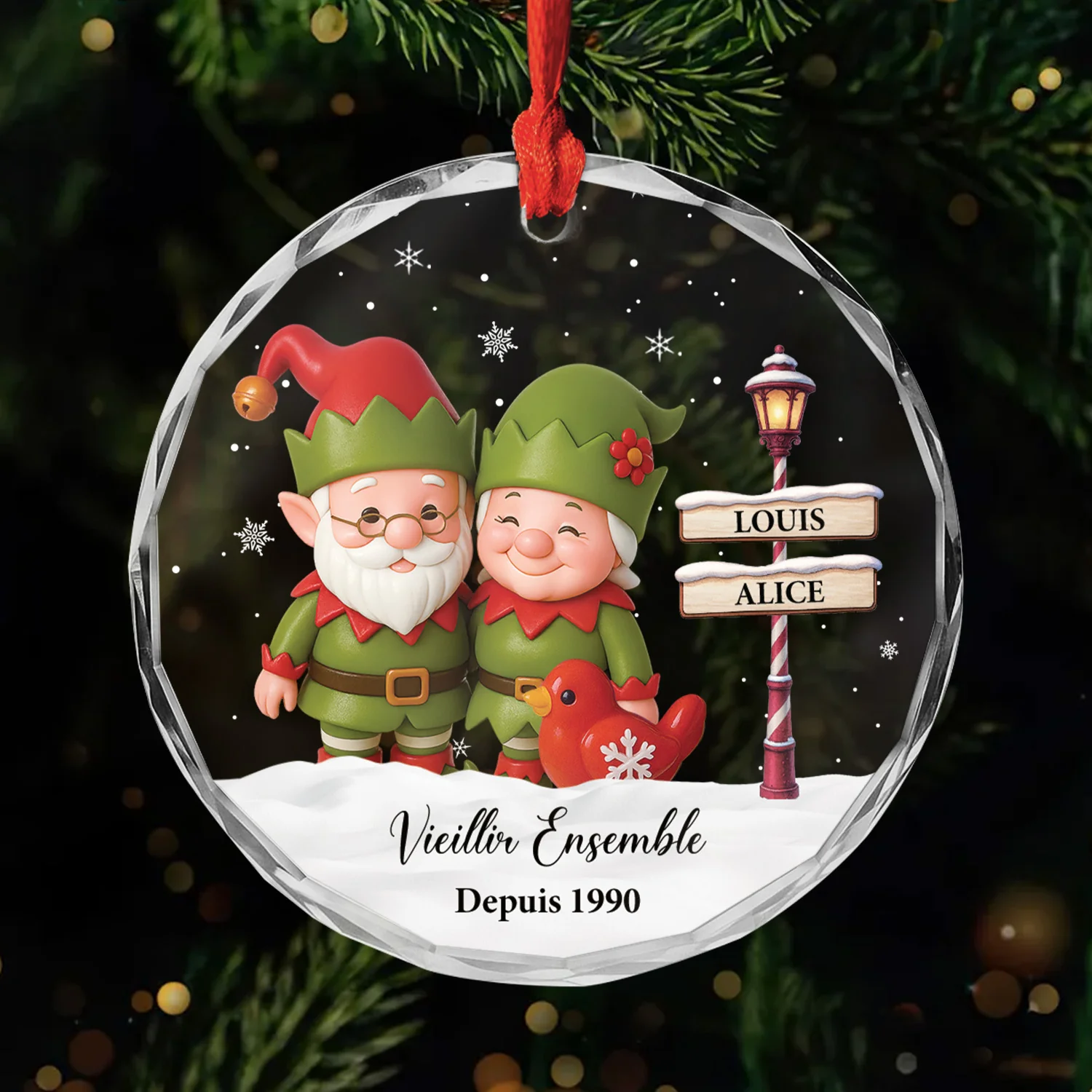 Ornement En Verre Personnalisé Couple Nain De Noël - Vieillir Ensemble