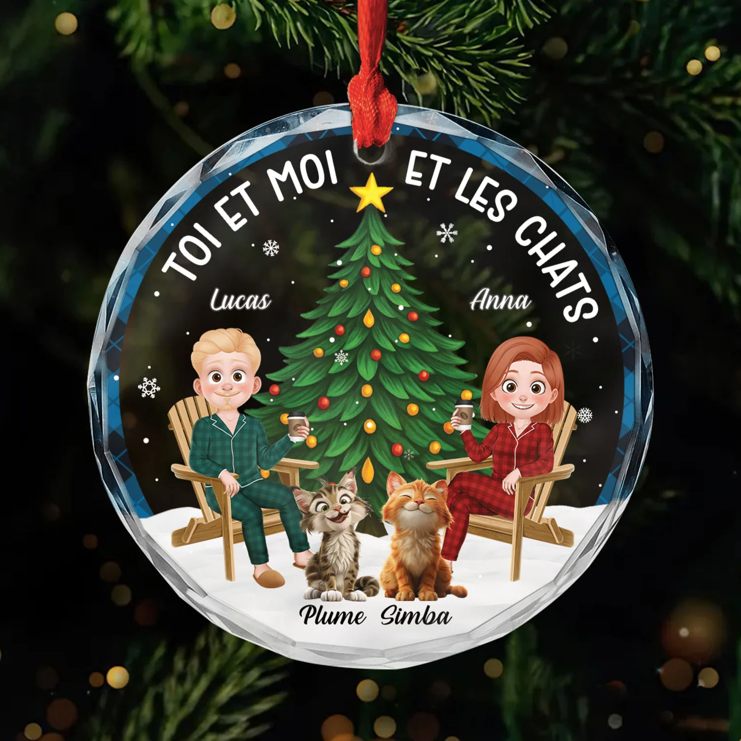 Ornement En Verre Personnalisé Couple - Toi Moi Et Le Chat Avec Sapin De Noël