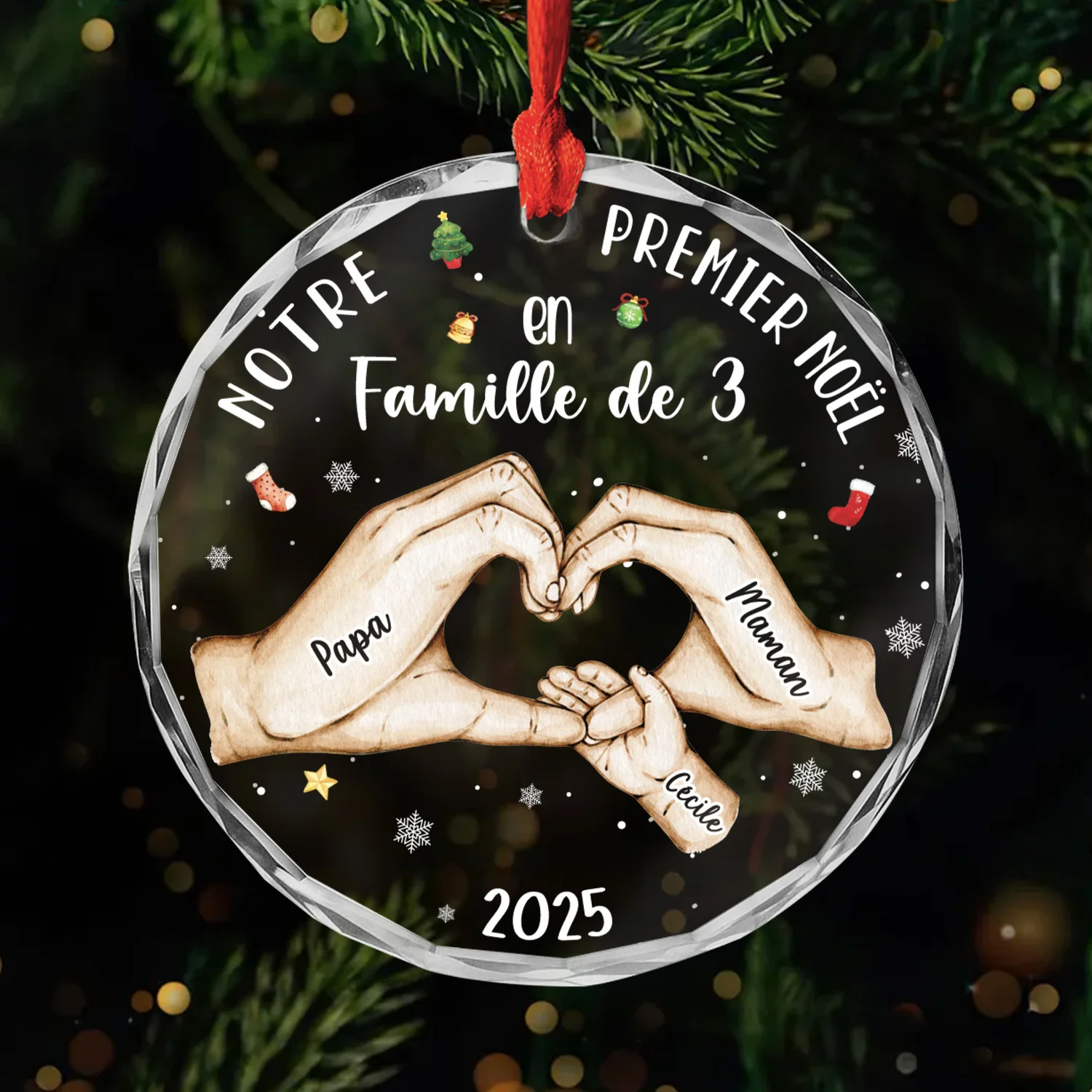 Ornement En Verre Personnalisé - Notre Premier Noël En Famille Tenant Les Mains