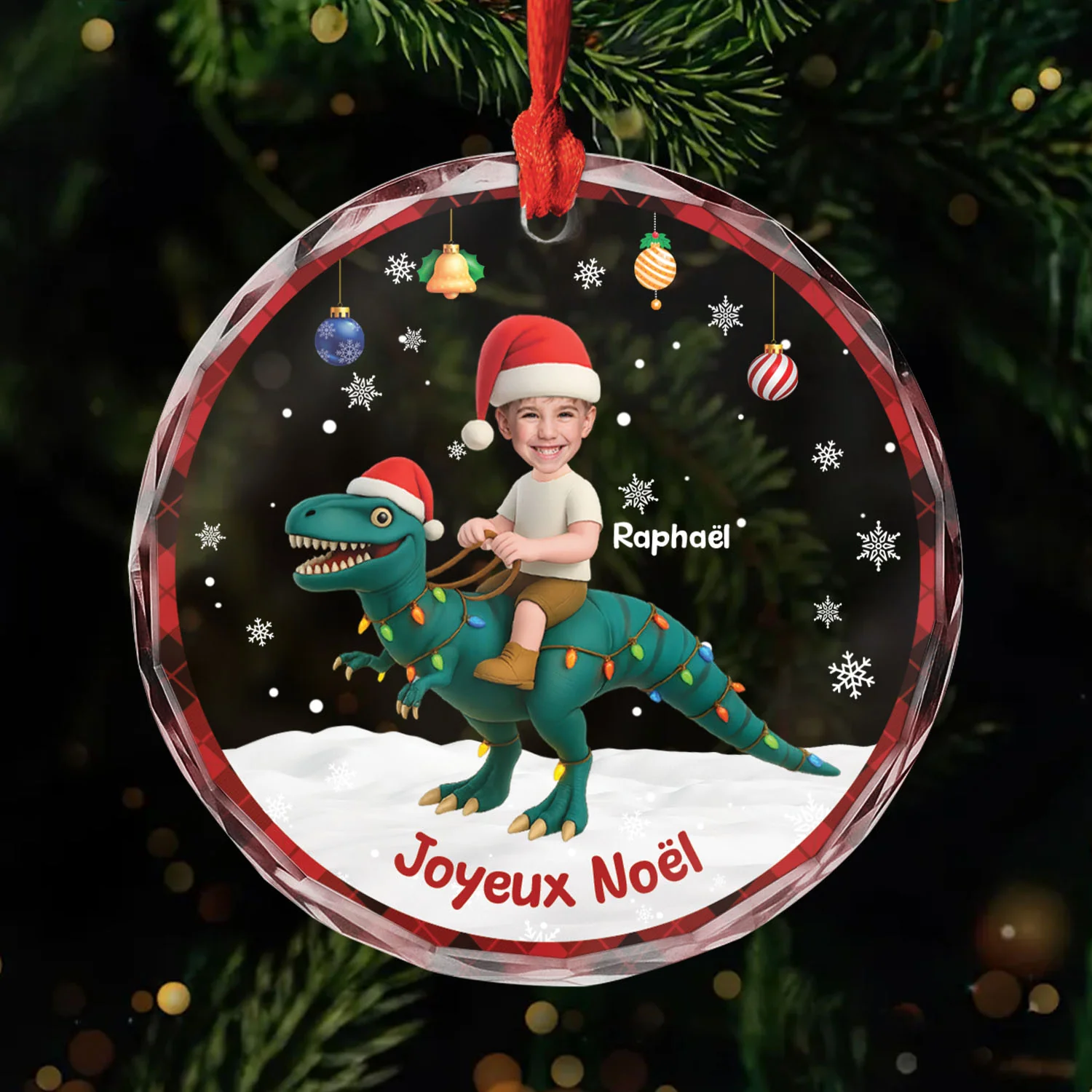 Dinosaure Ornement Verre Noël Personnalisé avec Photo Pour Enfant