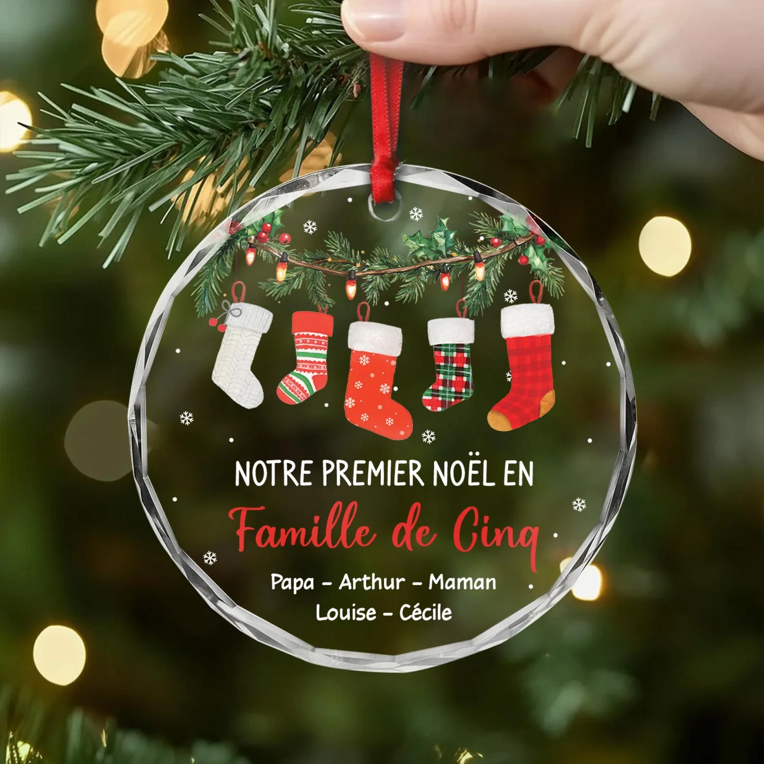 Ornement En Verre Personnalisé - Premier Noël En Famille De Cinq - Image 2