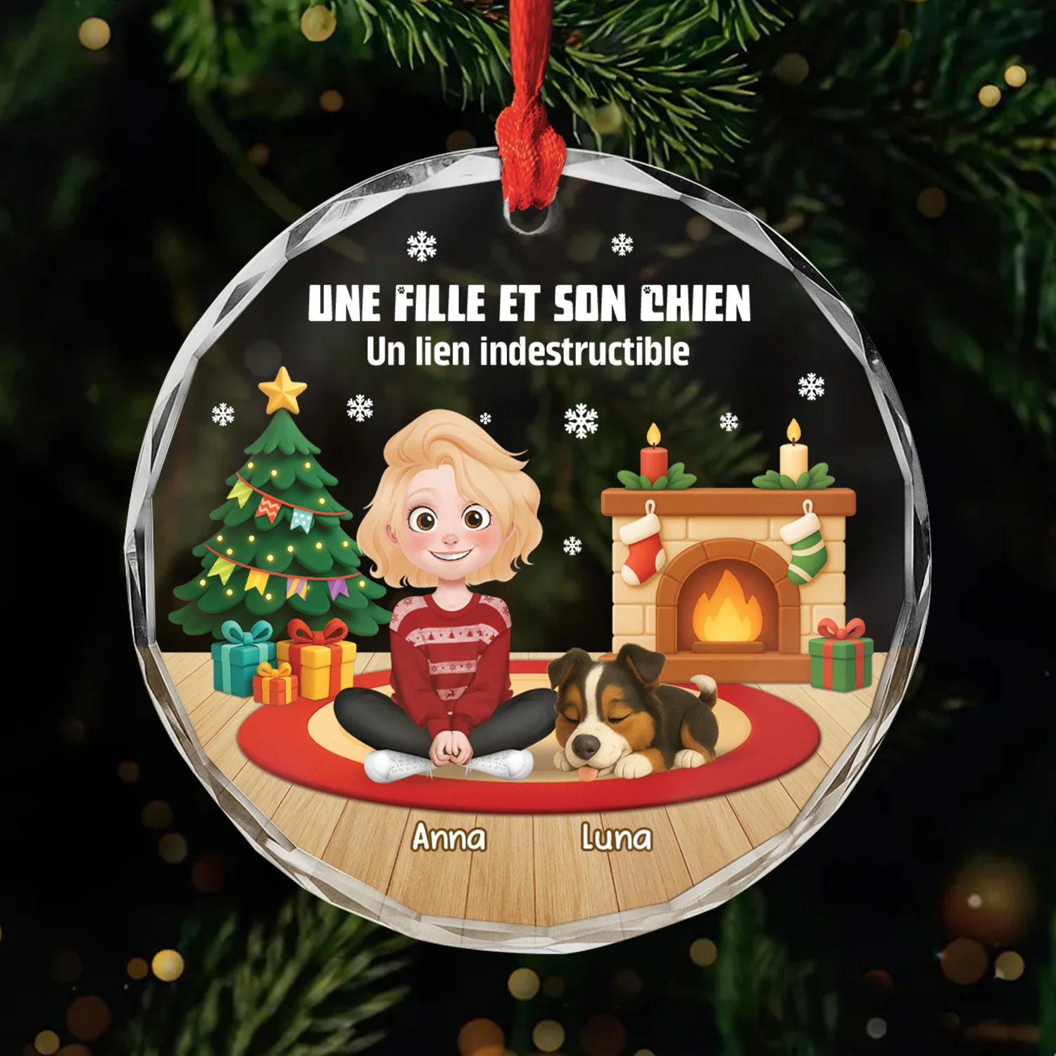 Ornement En Verre Personnalisé - Une Fille Et Son Chien À Noël