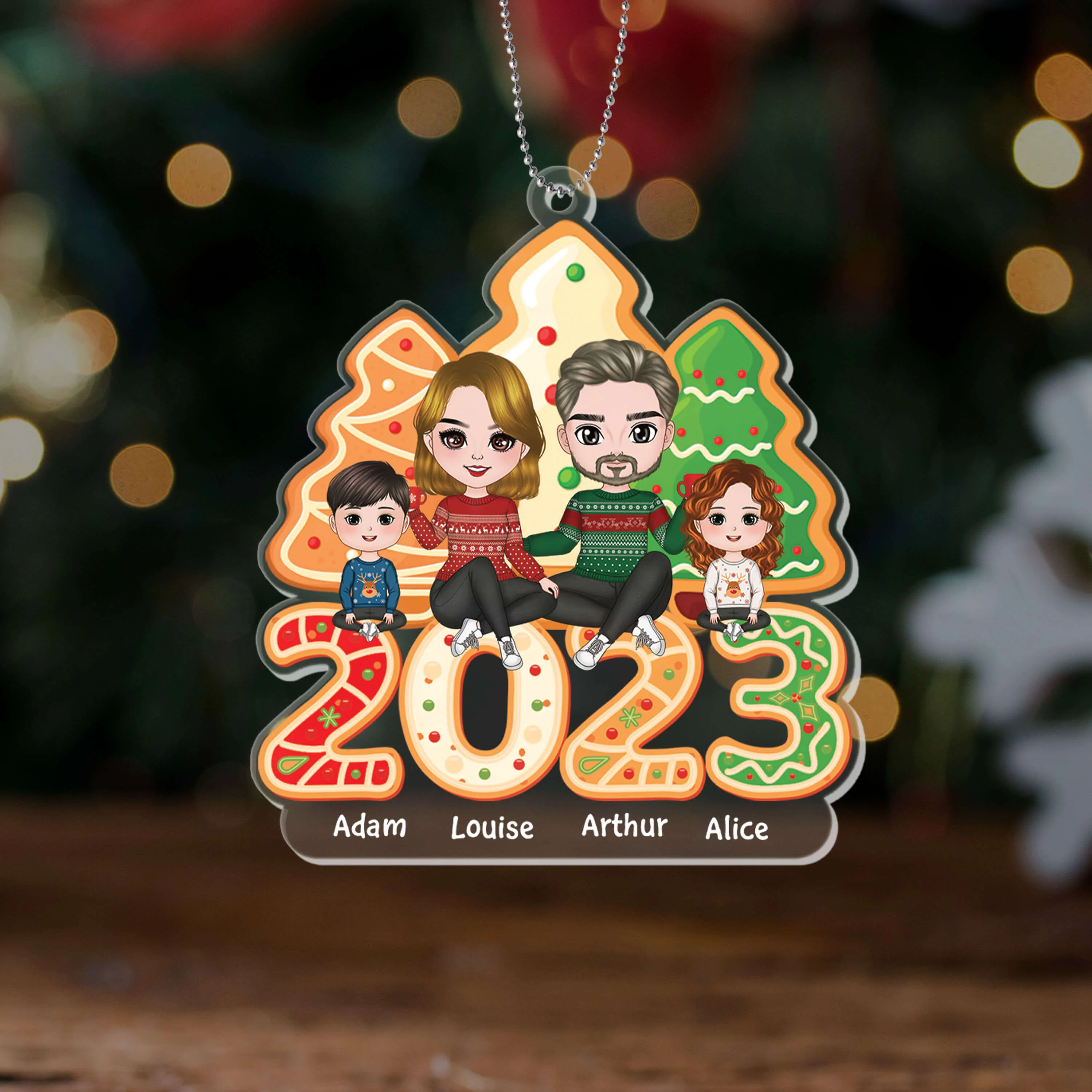 Ornement La Famille Assise Sous Le Sapin En Gâteau Personnalisé - Image 2