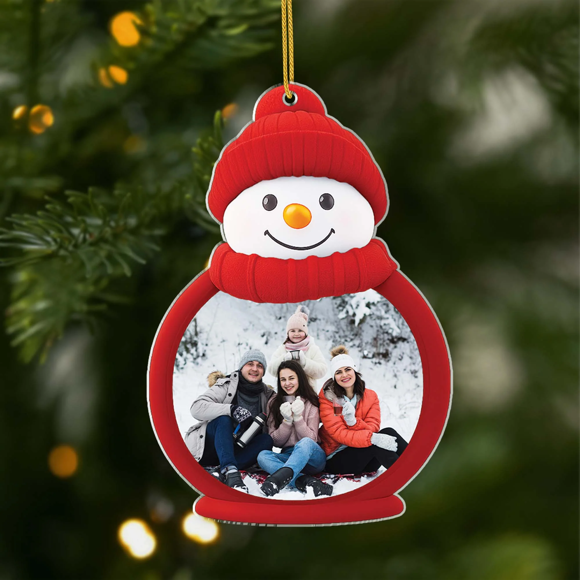 Ornement Noël Acrylique Personnalisé - Bonhomme De Neige Avec Photo De Famille