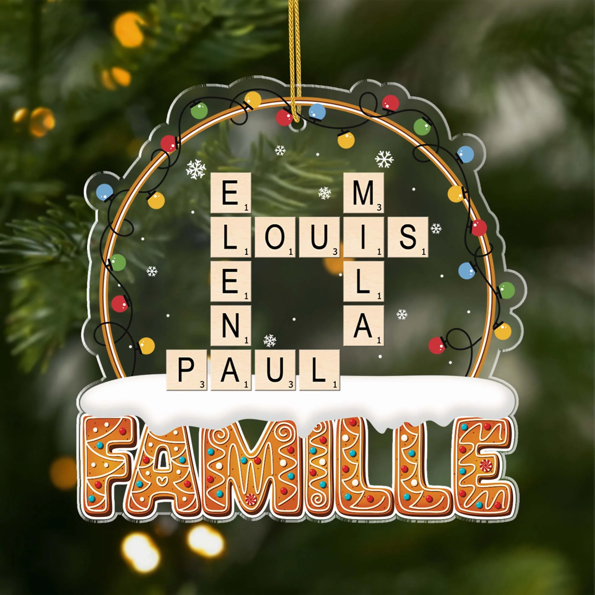 Ornement Noël Acrylique Personnalisé - Famille Avec Mots-Croisés Et Neige