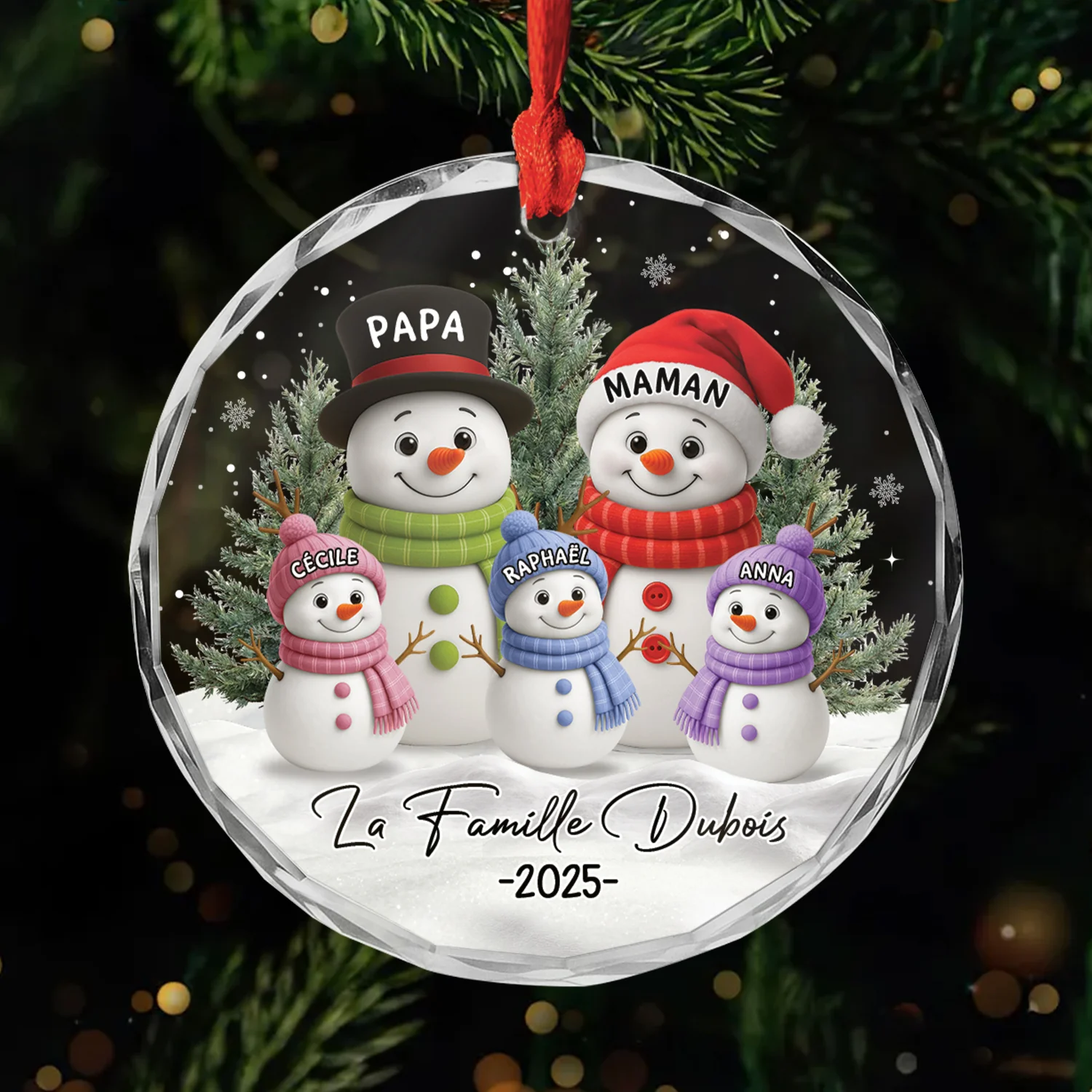 Ornement Noël Acrylique Personnalisé - Famille Bonhomme De Neige Heureux