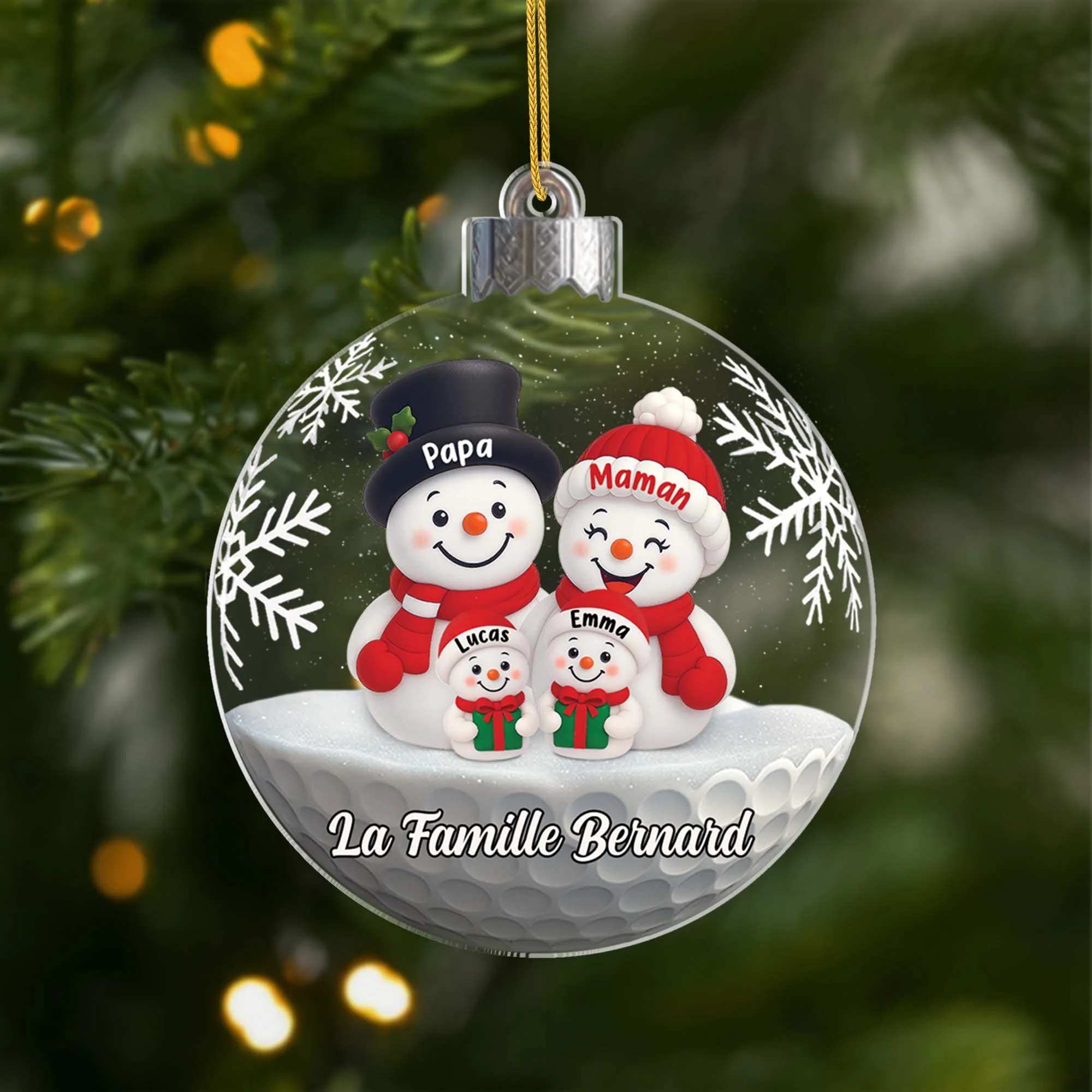 Ornement Noël Acrylique Personnalisé Famille - Boule Bonhomme De Neige