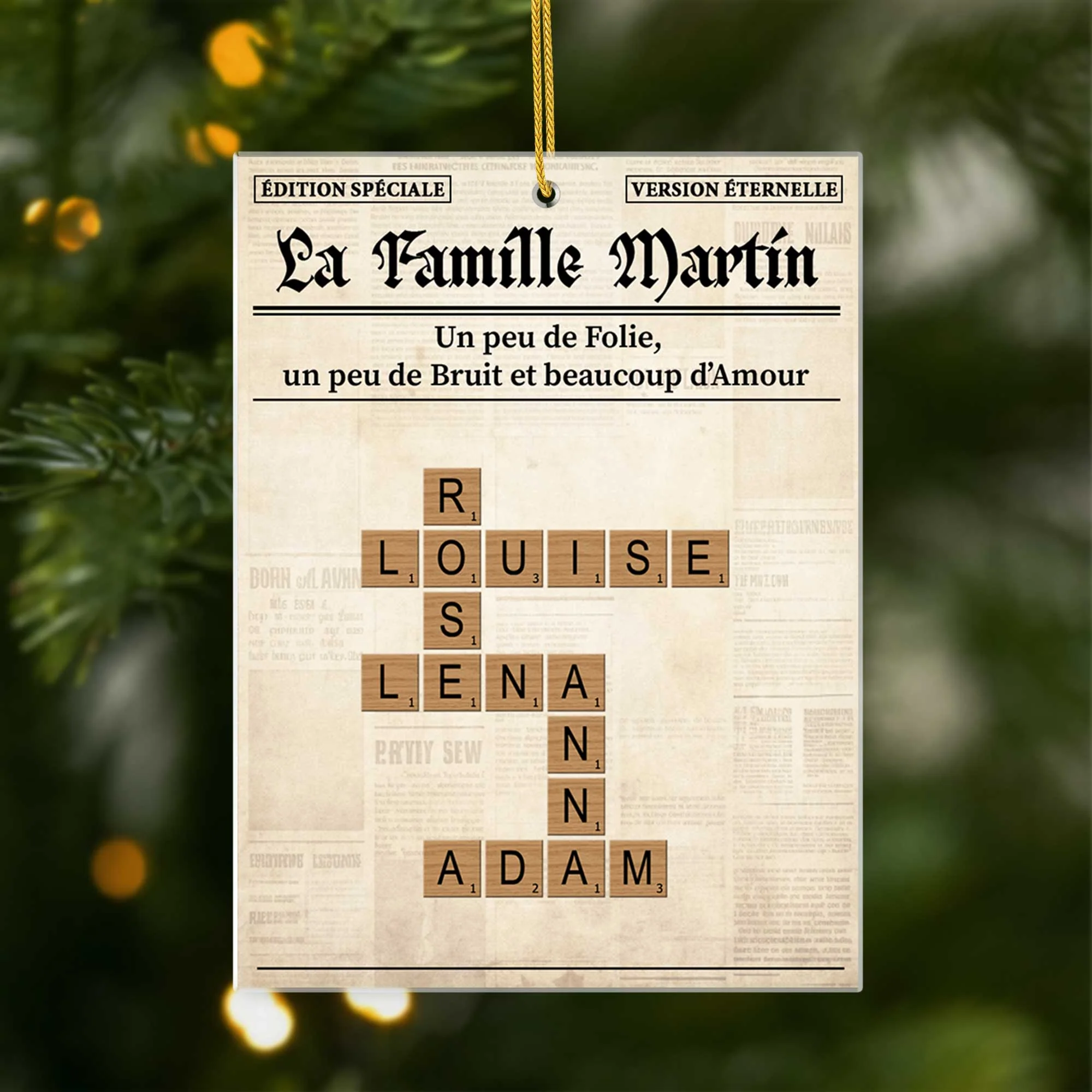 Ornement Noël Acrylique Personnalisé - Le Journal De La Famille Avec Mots-Croisés