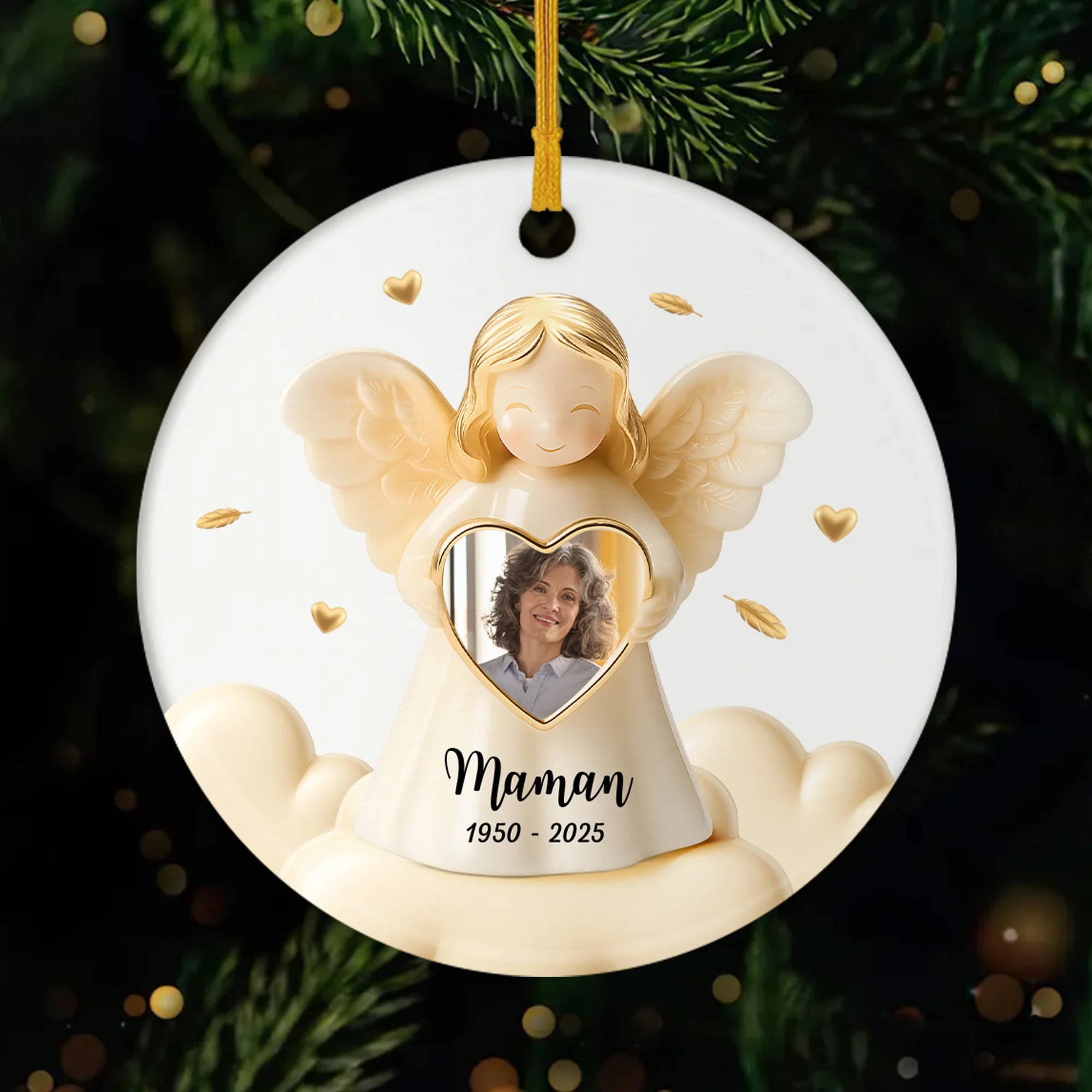 Ornement Noël Céramique Maman Commémoratif Personnalisé Avec Photo - Ange Avec Coeur
