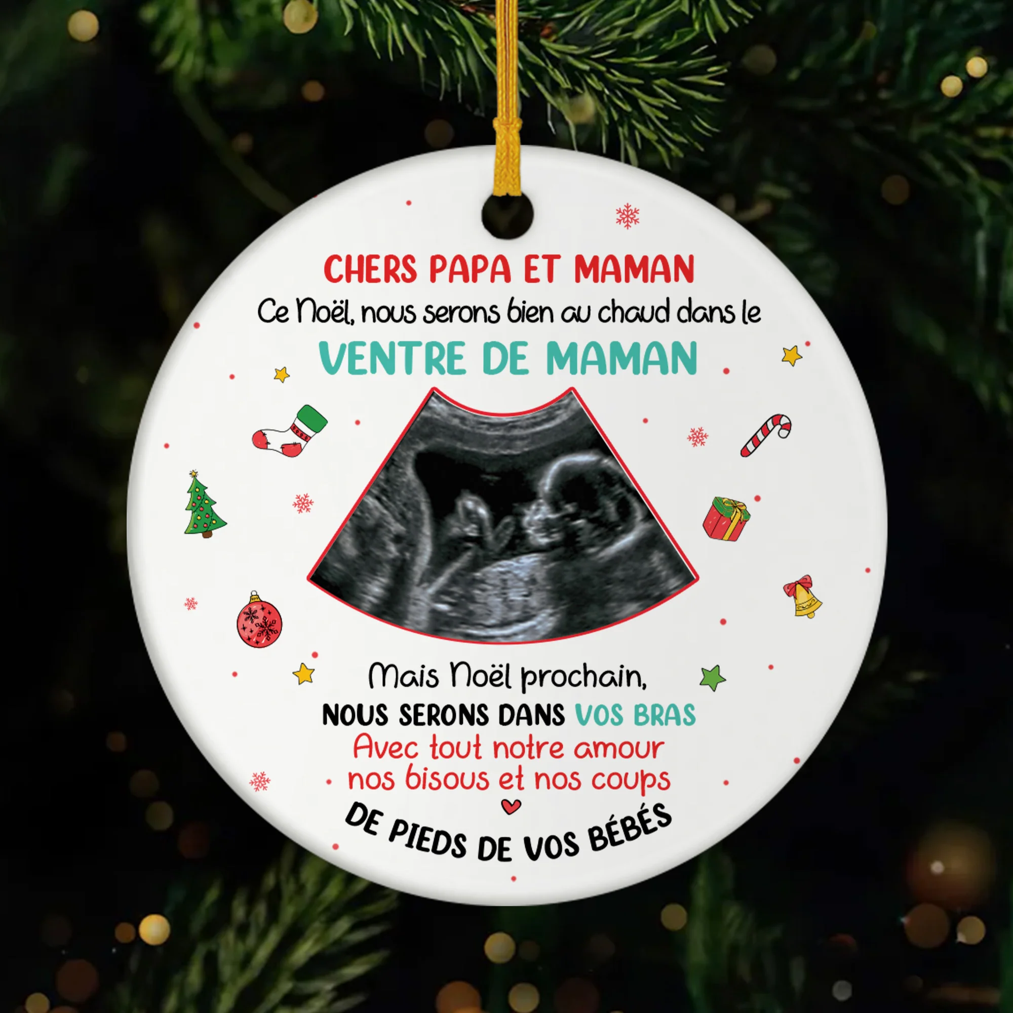 Ornement Noël Céramique Personnalisé Avec Photo d’Échographie - Chers Papa Et Maman