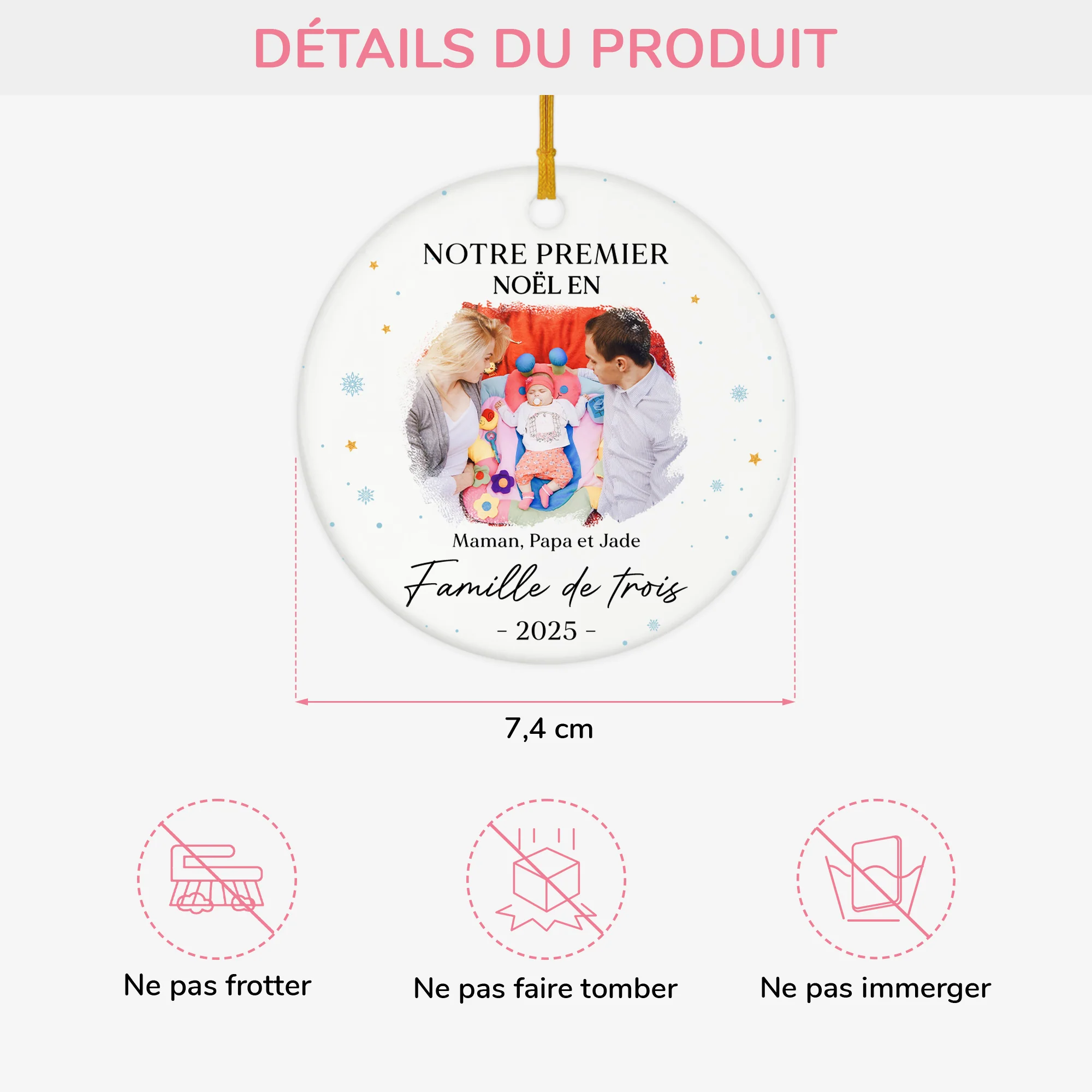 Ornement Noël Céramique Personnalisé Avec Photo - Notre Premier Noël En Famille De Trois - Image 3