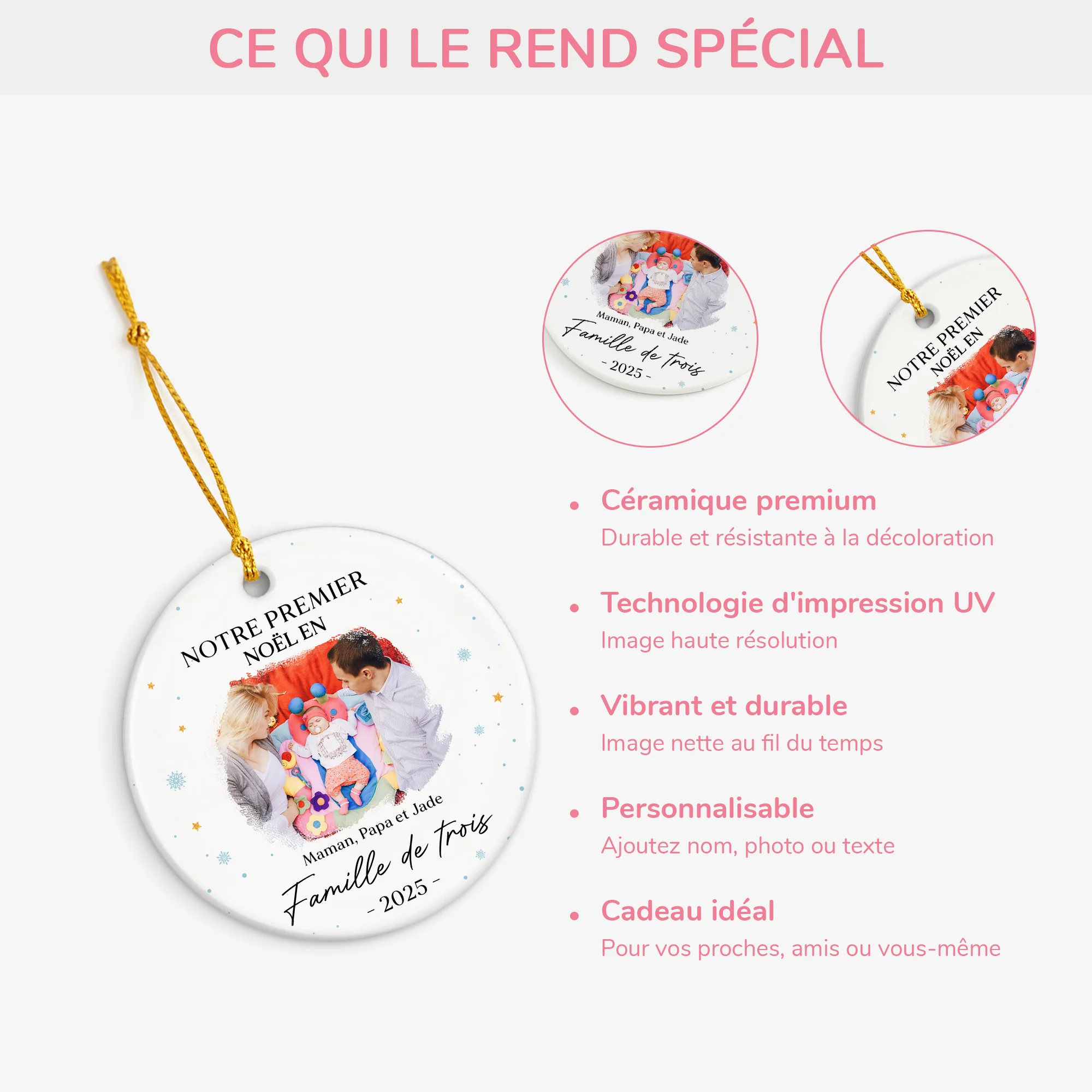 Ornement Noël Céramique Personnalisé Avec Photo - Notre Premier Noël En Famille De Trois - Image 4