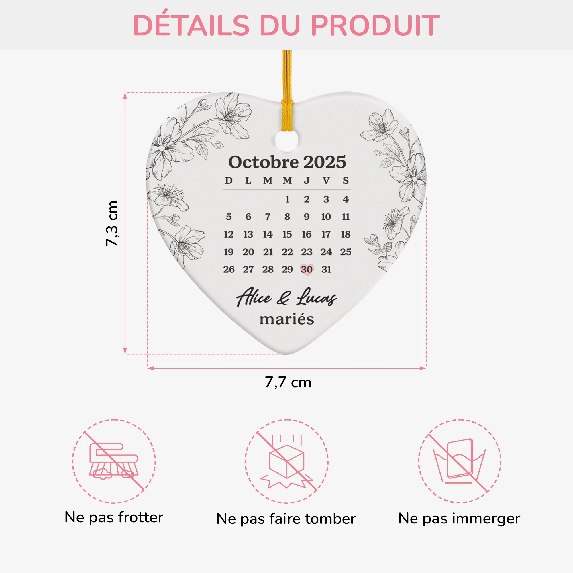 Ornement Noël Céramique Personnalisé Couple - Calendrier De Mariage - Image 3