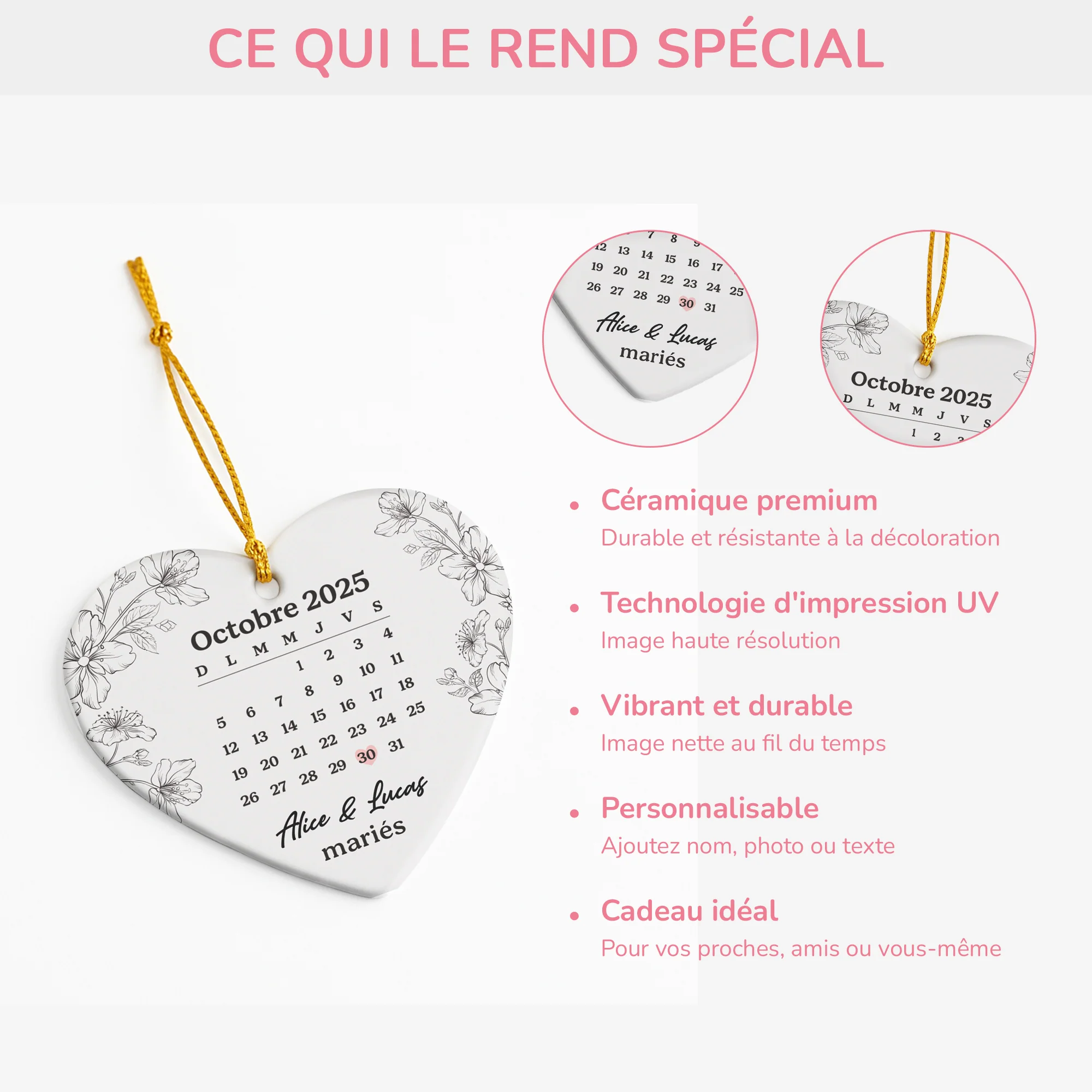 Ornement Noël Céramique Personnalisé Couple - Calendrier De Mariage - Image 4