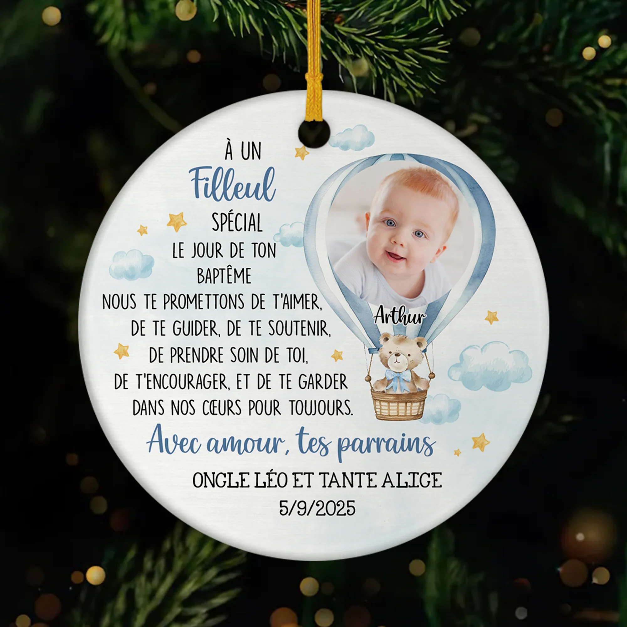 Ornement Noël Céramique Personnalisé Enfant Avec Photo - Le Jour De Ton Baptême