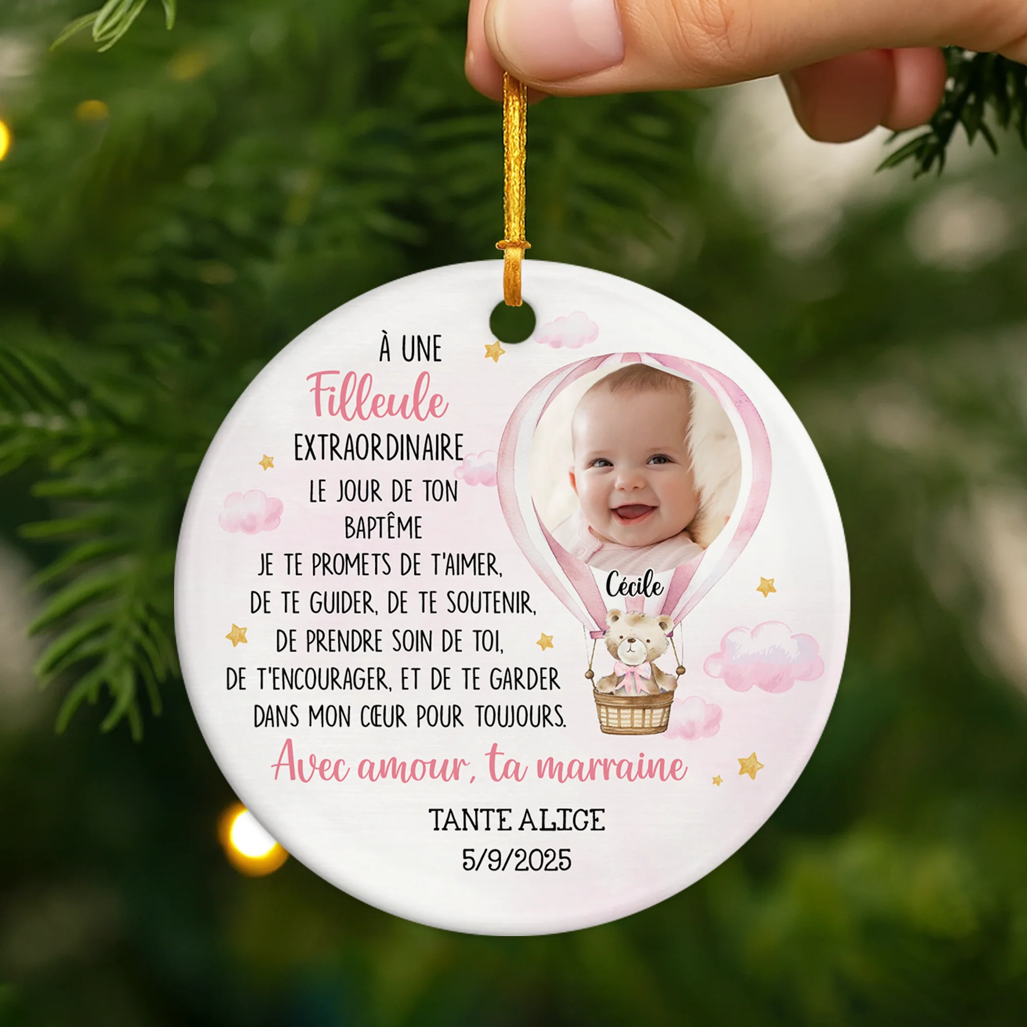 Ornement Noël Céramique Personnalisé Enfant Avec Photo - Le Jour De Ton Baptême - Image 2