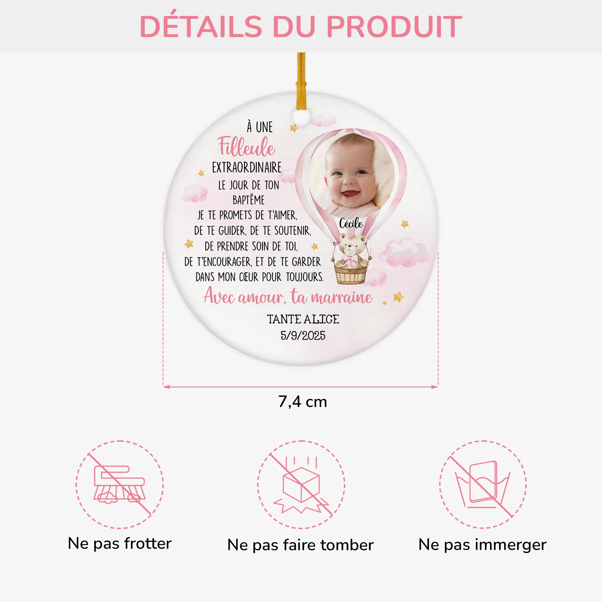 Ornement Noël Céramique Personnalisé Enfant Avec Photo - Le Jour De Ton Baptême - Image 3