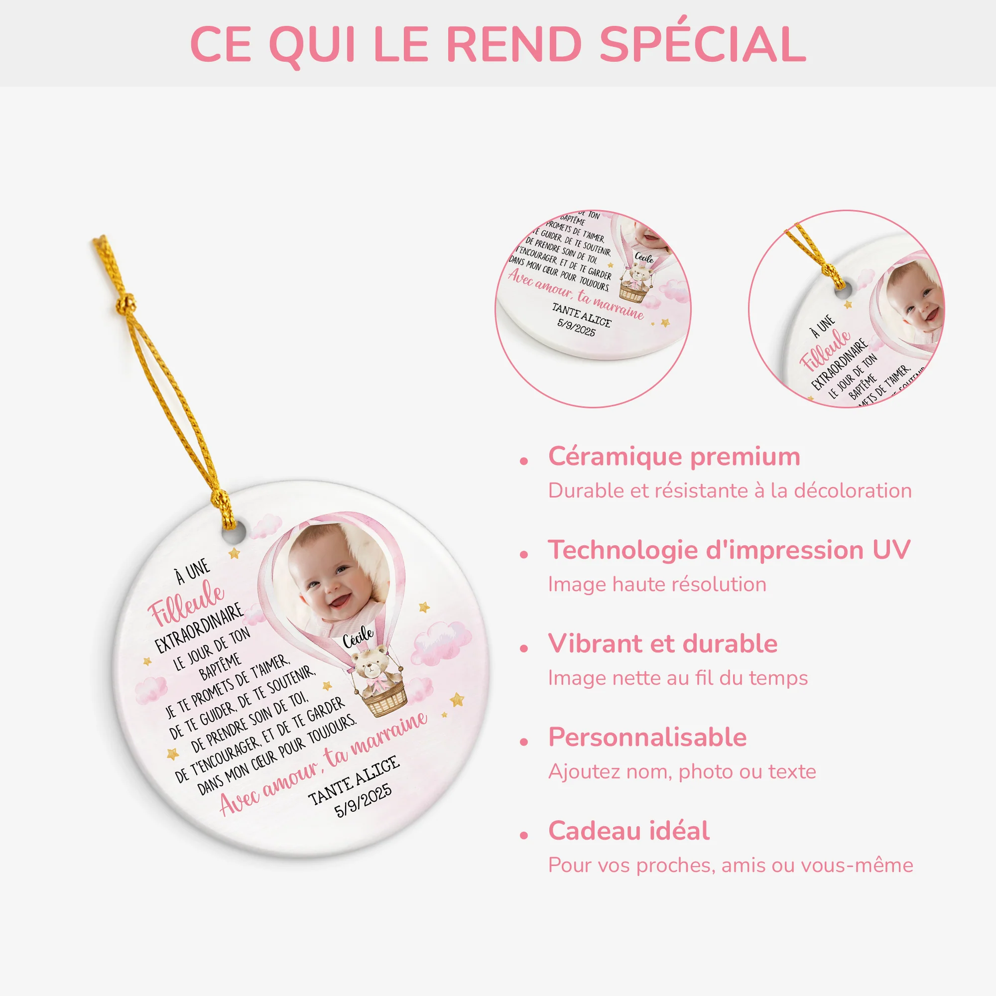 Ornement Noël Céramique Personnalisé Enfant Avec Photo - Le Jour De Ton Baptême - Image 4