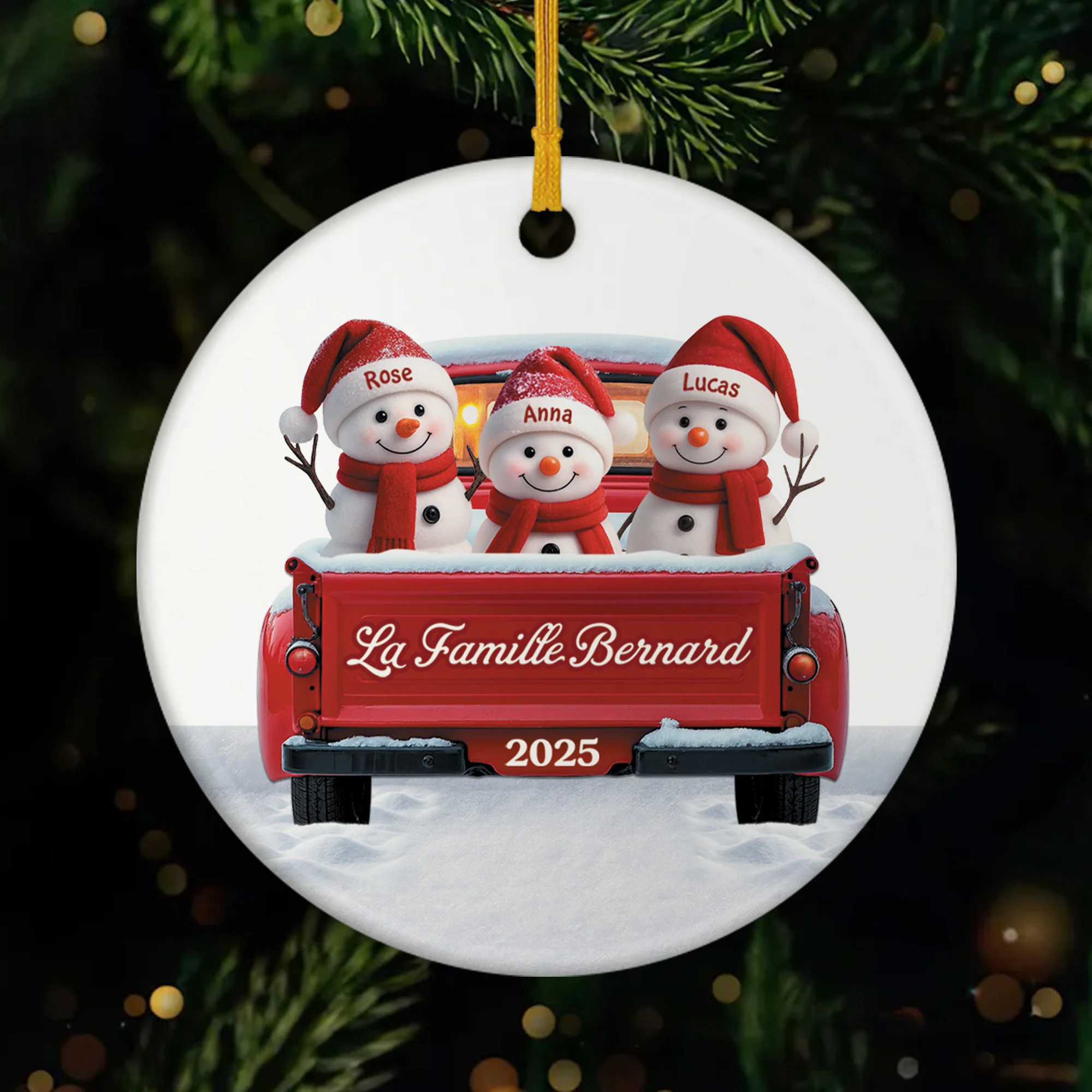 Ornement Noël Céramique Personnalisé - Famille Bonhomme De Neige En Voiture