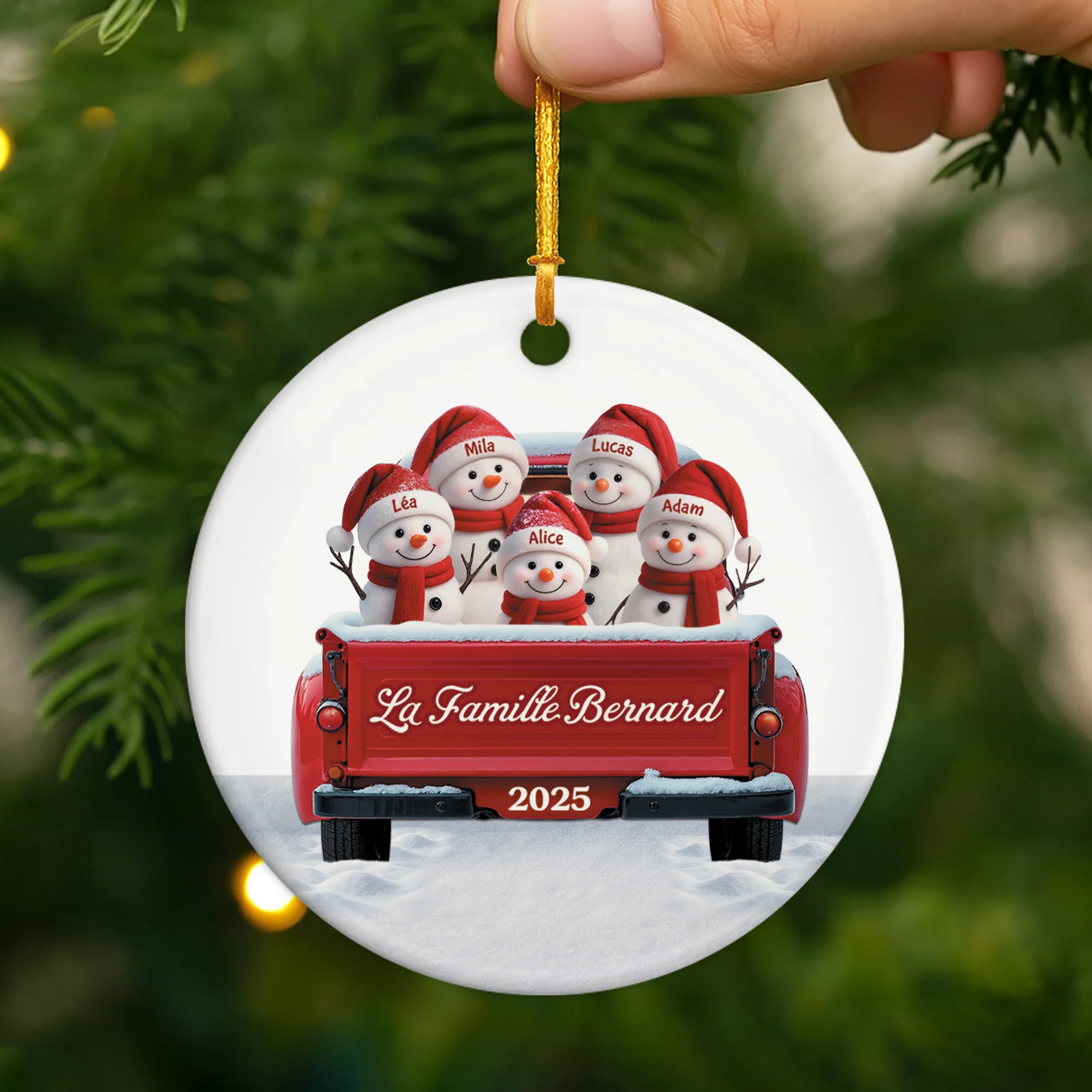 Ornement Noël Céramique Personnalisé - Famille Bonhomme De Neige En Voiture - Image 2