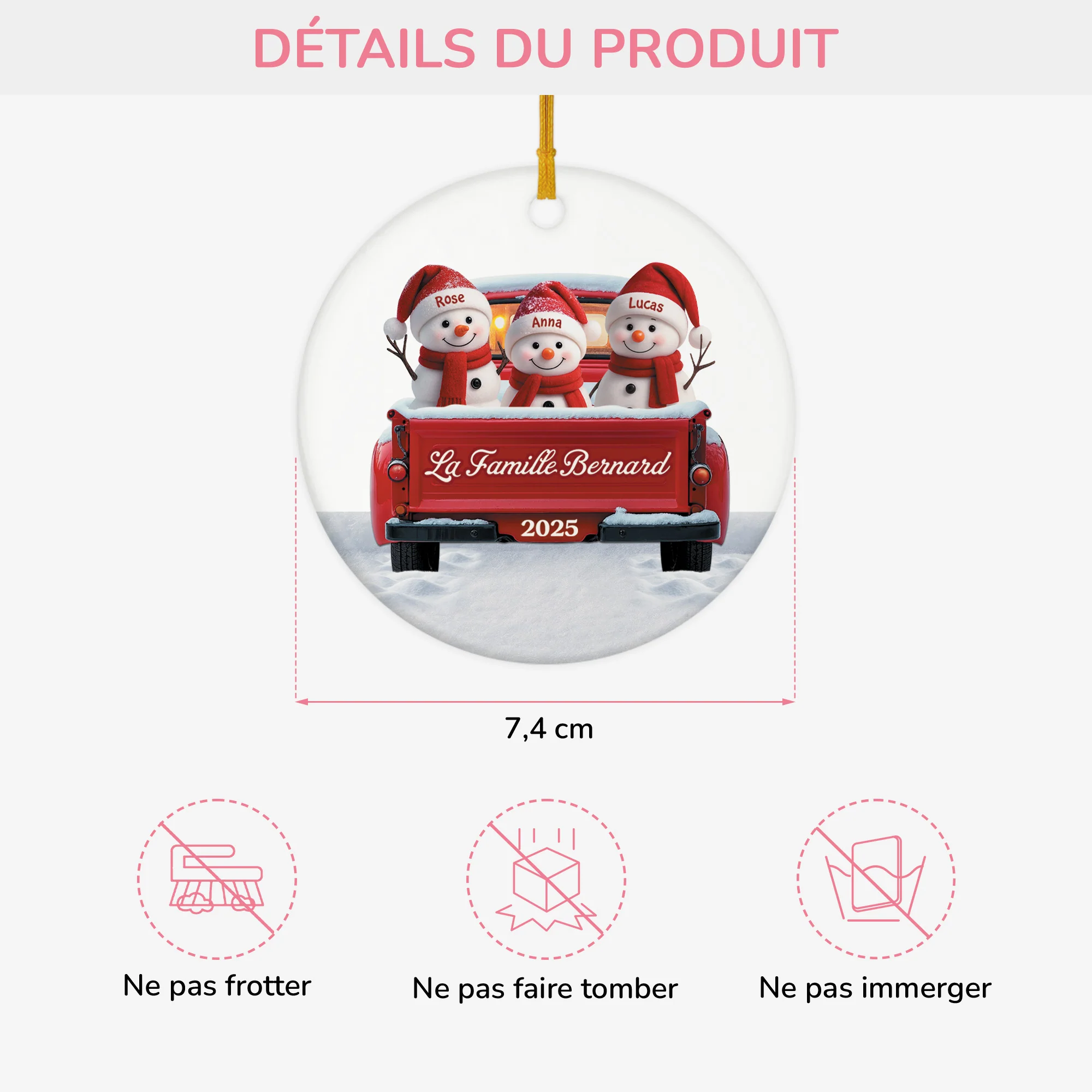 Ornement Noël Céramique Personnalisé - Famille Bonhomme De Neige En Voiture - Image 3