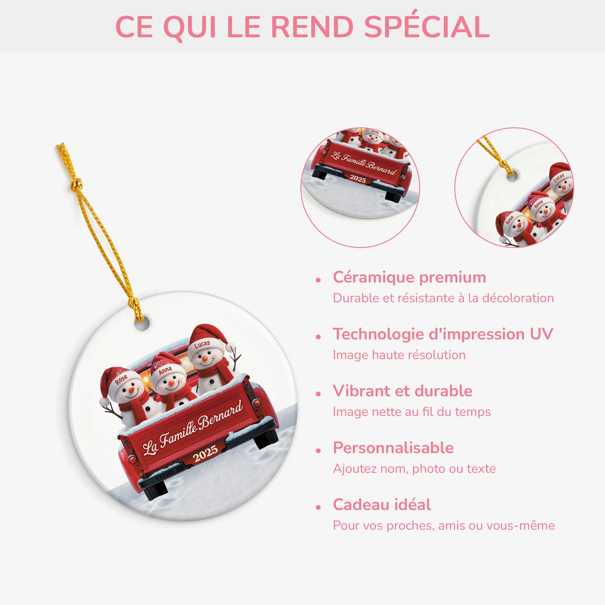 Ornement Noël Céramique Personnalisé - Famille Bonhomme De Neige En Voiture - Image 4