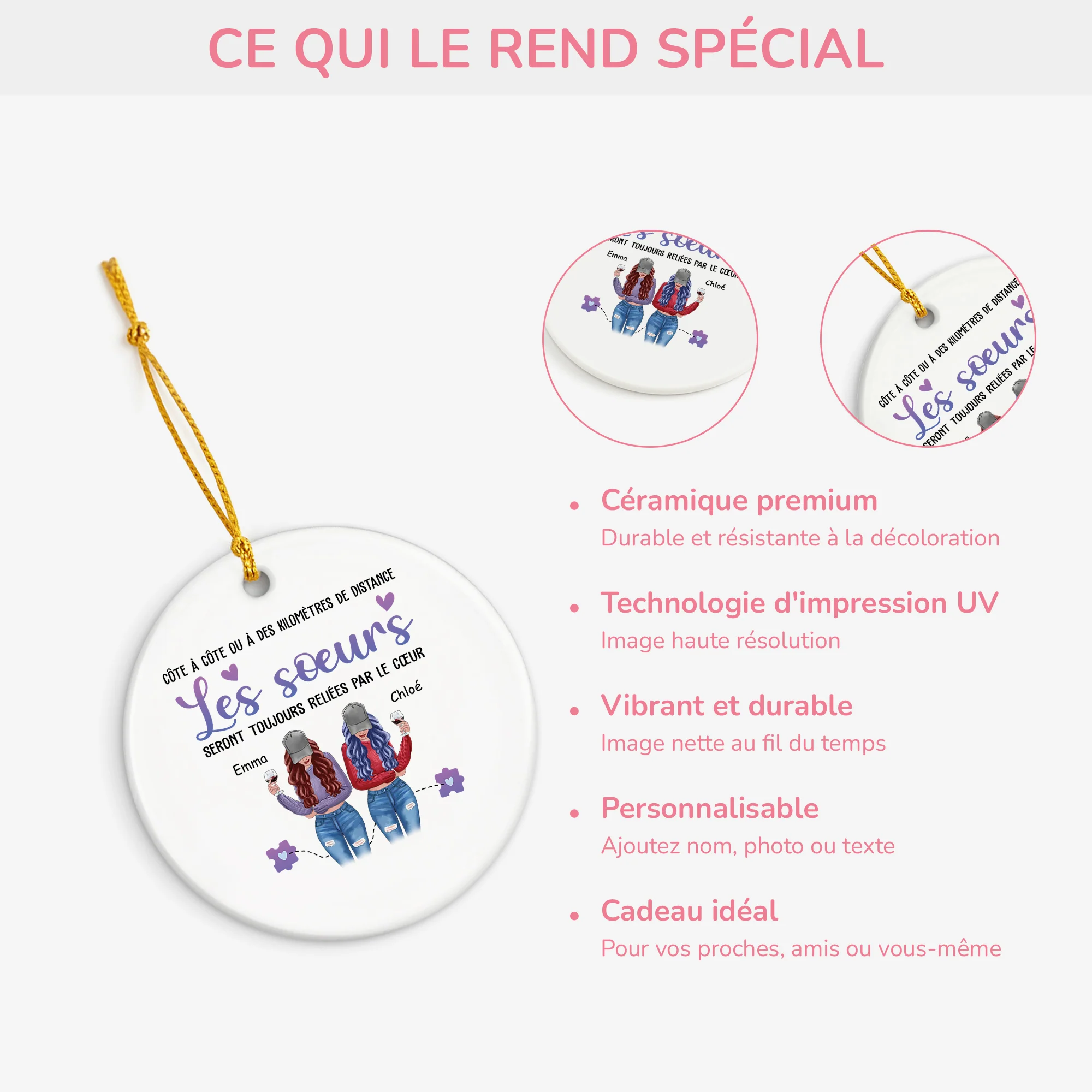 Ornement Noël Céramique Personnalisé - Les Sœurs Seront Toujours Reliées Par Le Cœur - Image 4