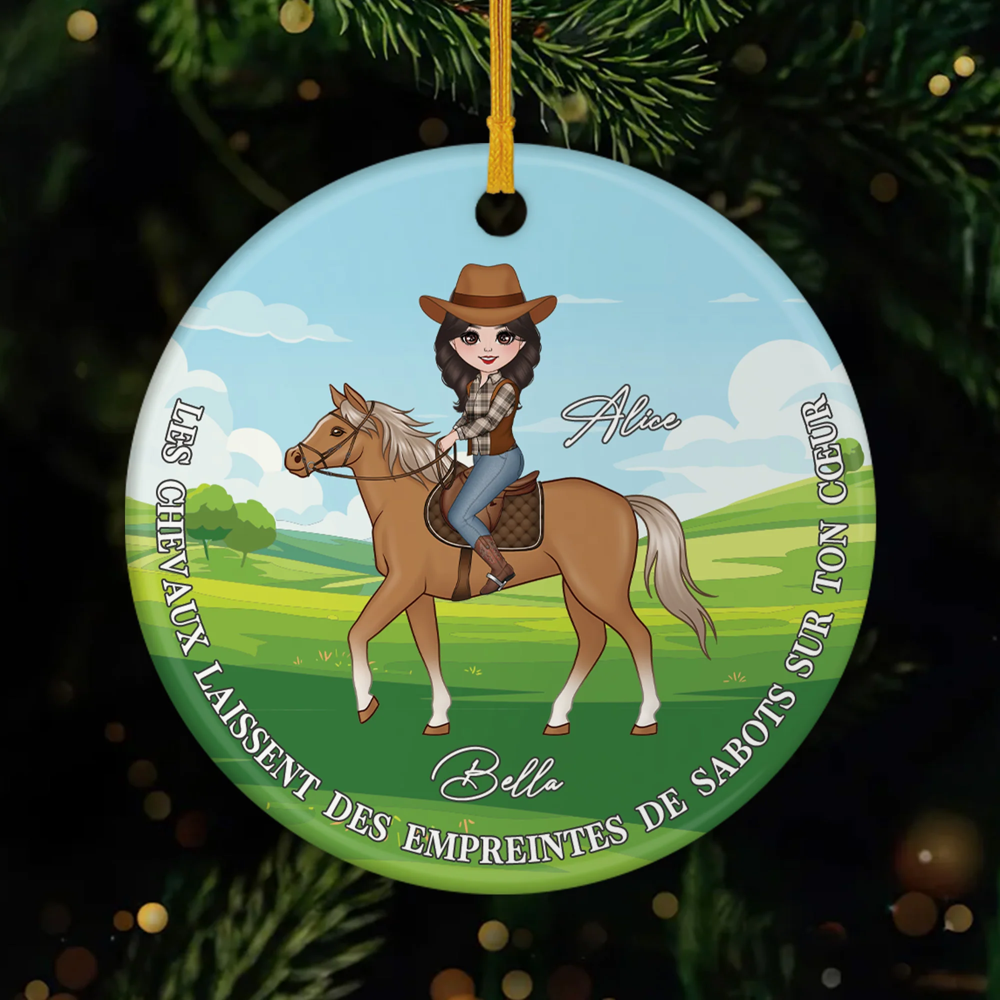 Ornement Noël Céramique Personnalisé Pour Femme Et Cheval - Empreintes De Sabots Sur Cœur