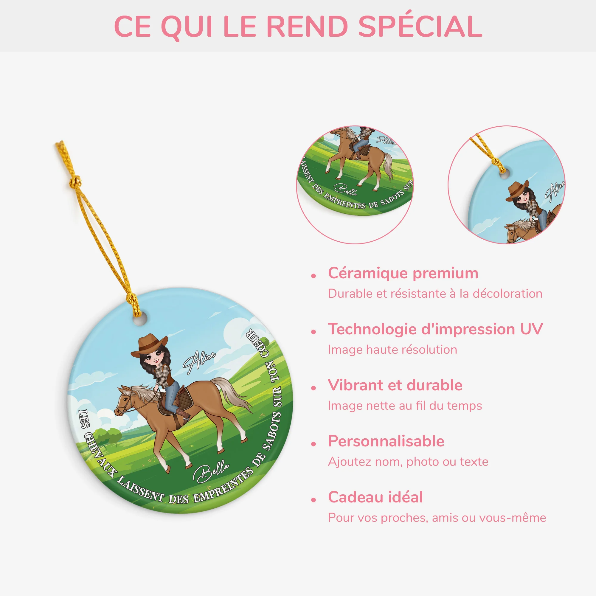 Ornement Noël Céramique Personnalisé Pour Femme Et Cheval - Empreintes De Sabots Sur Cœur - Image 4