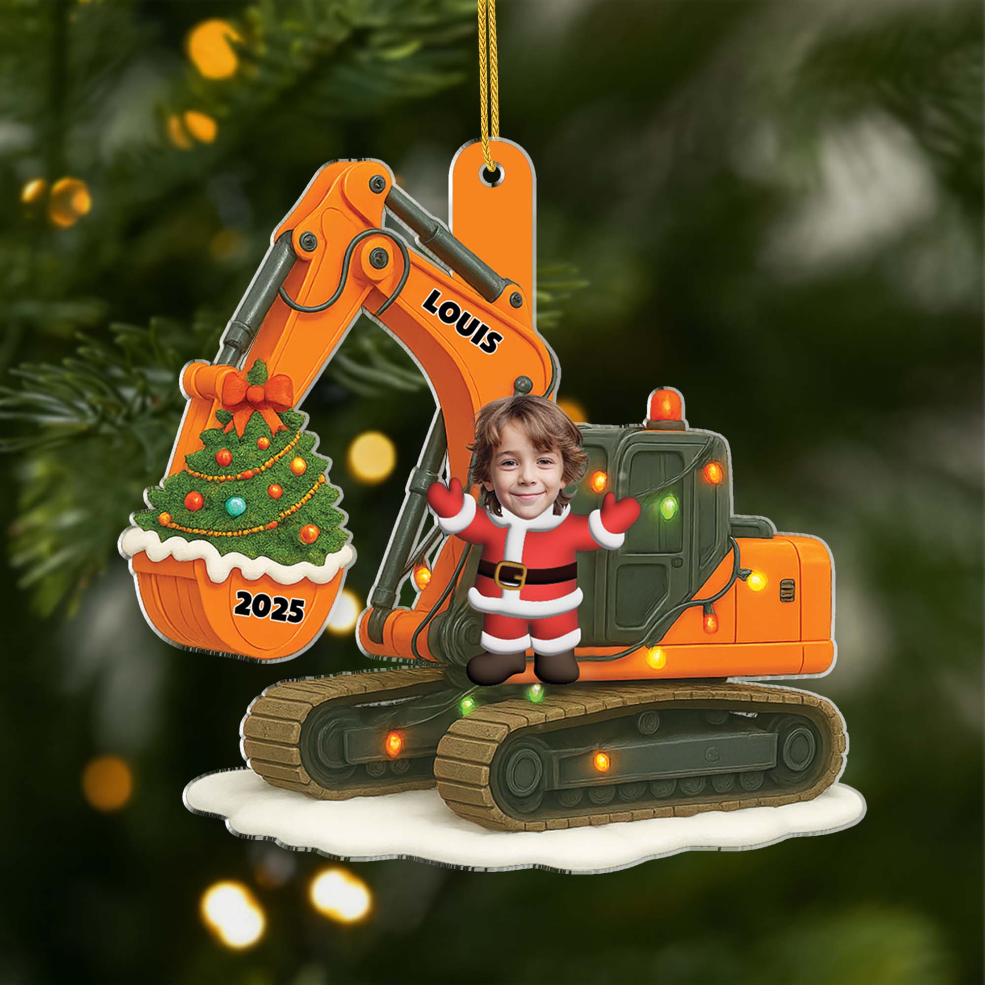 Ornement Noël En Acrylique Personnalisé Avec Photo - Pelle Mécanique Enfant