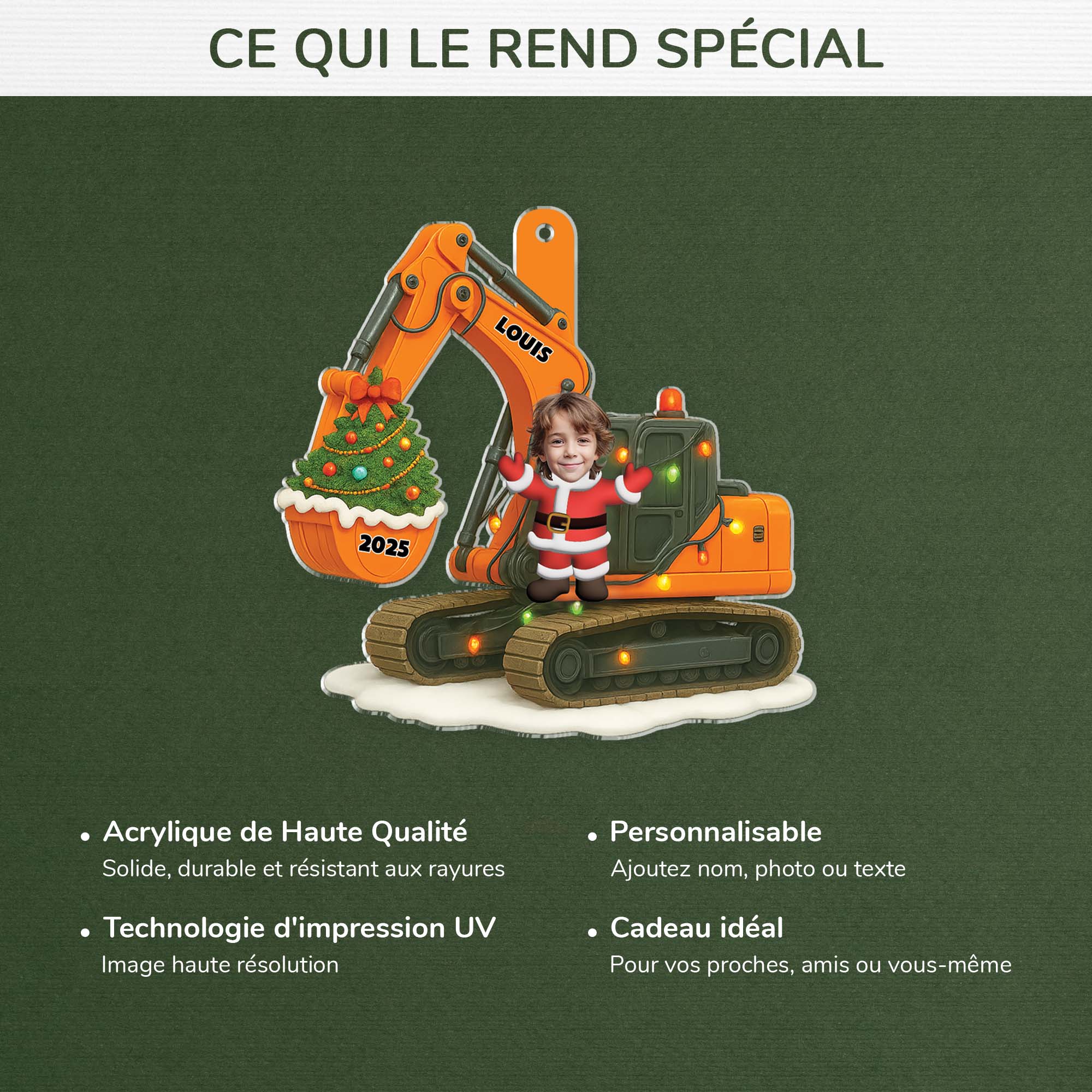 Ornement Noël En Acrylique Personnalisé Avec Photo - Pelle Mécanique Enfant - Image 4