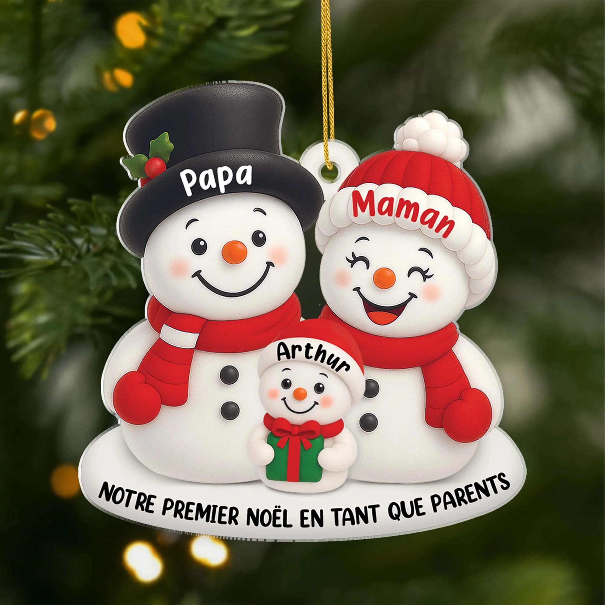 [Effet d'impression 3D] Ornement Noël En Acrylique Personnalisé Famille - Bonhomme De Neige Parents
