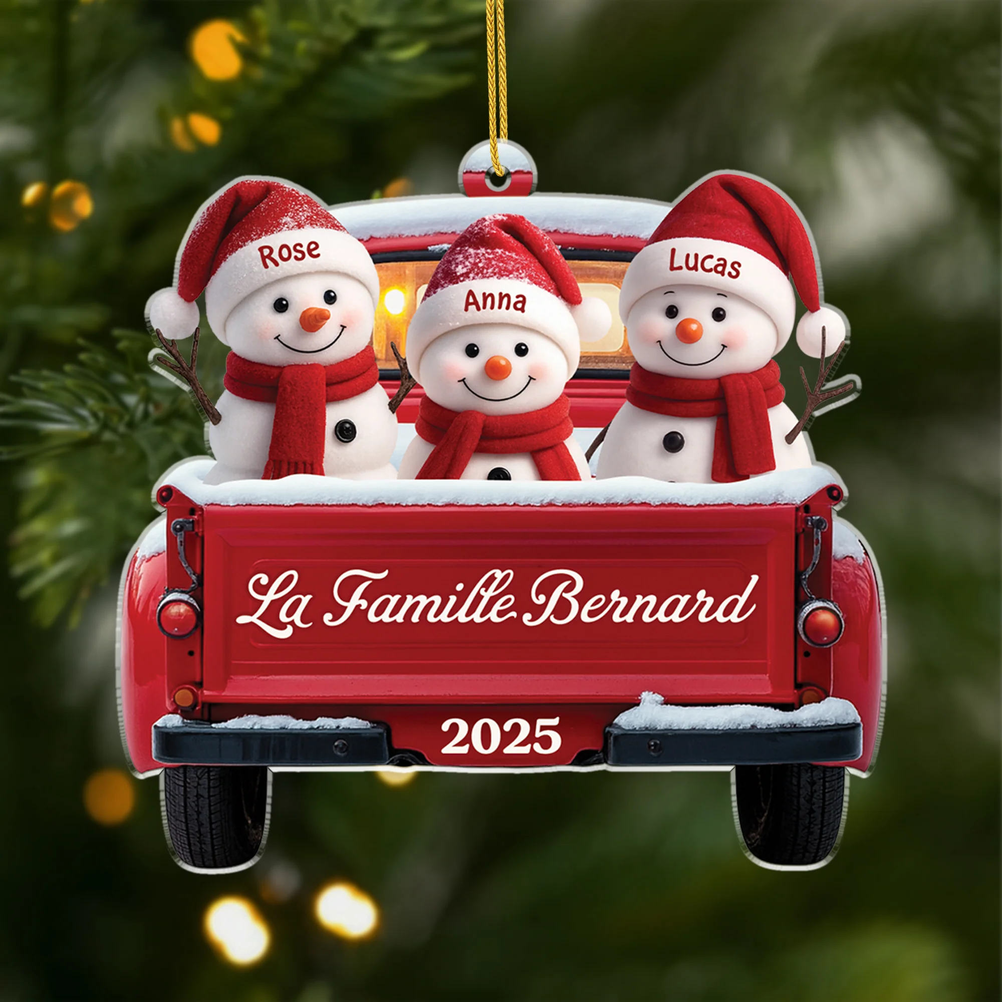 Ornement Noël En Acrylique Personnalisé - Famille Bonhomme De Neige Version Voiture