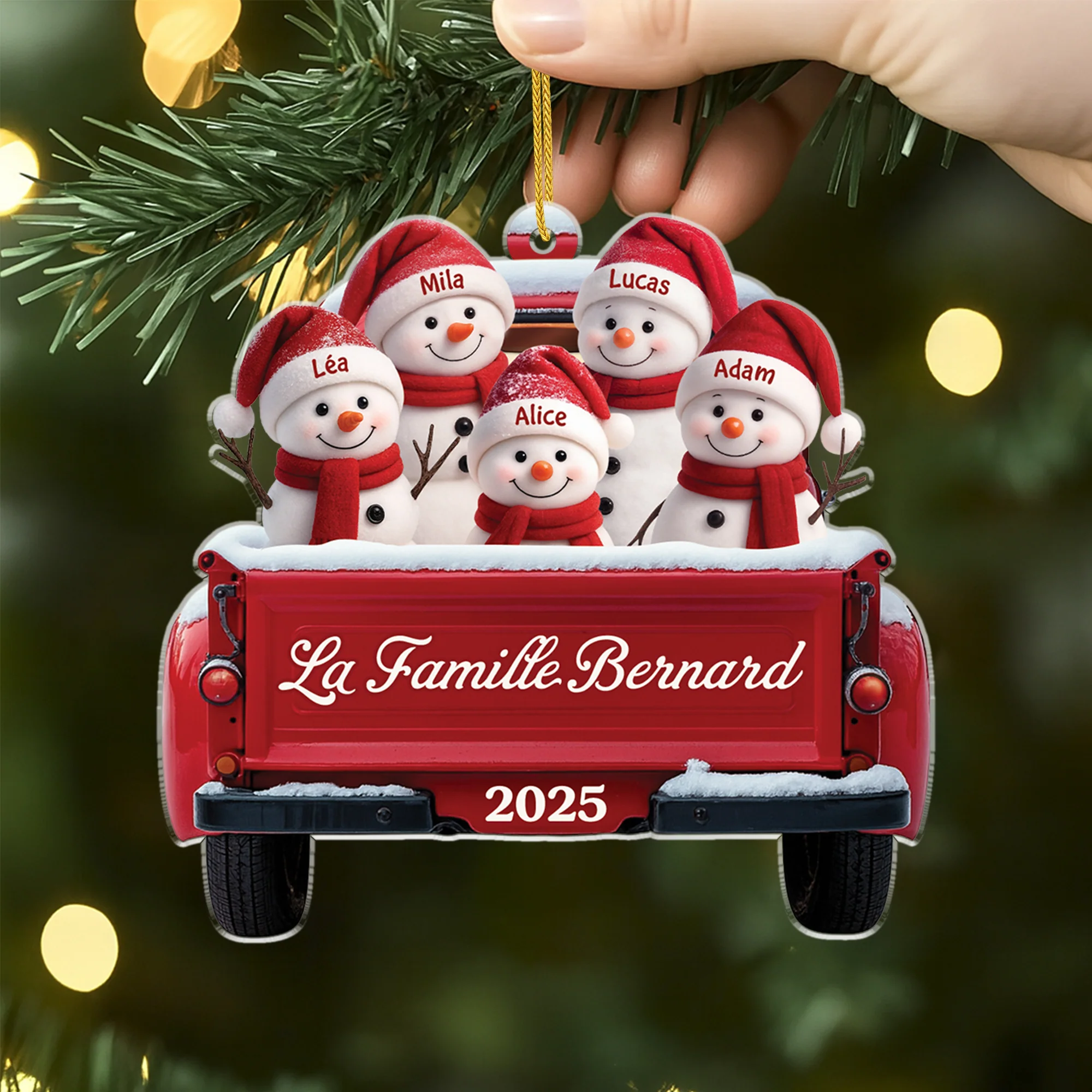 Ornement Noël En Acrylique Personnalisé - Famille Bonhomme De Neige Version Voiture - Image 2