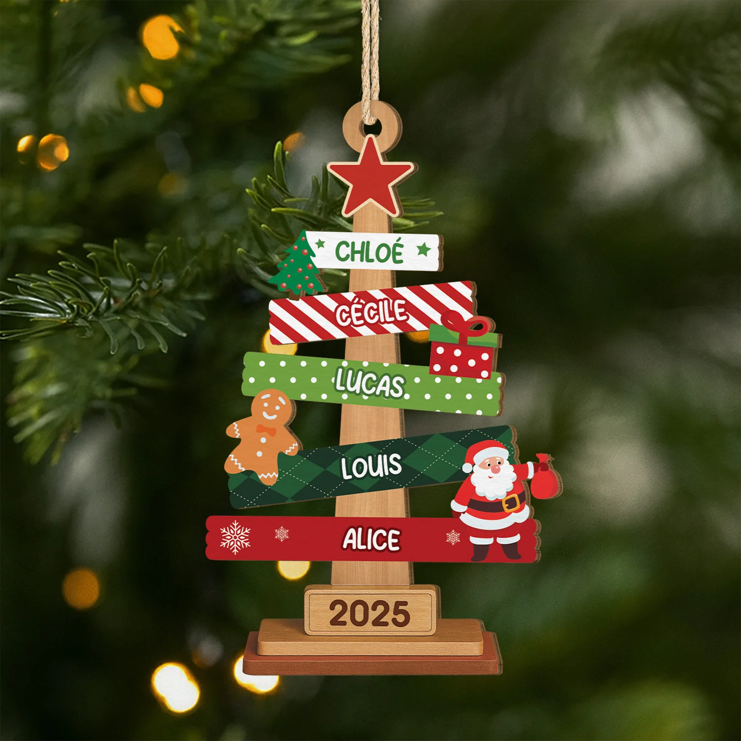 Ornement Noël En Bois À 1 Couche Personnalisé - Sapin Famille De Noël Échelle