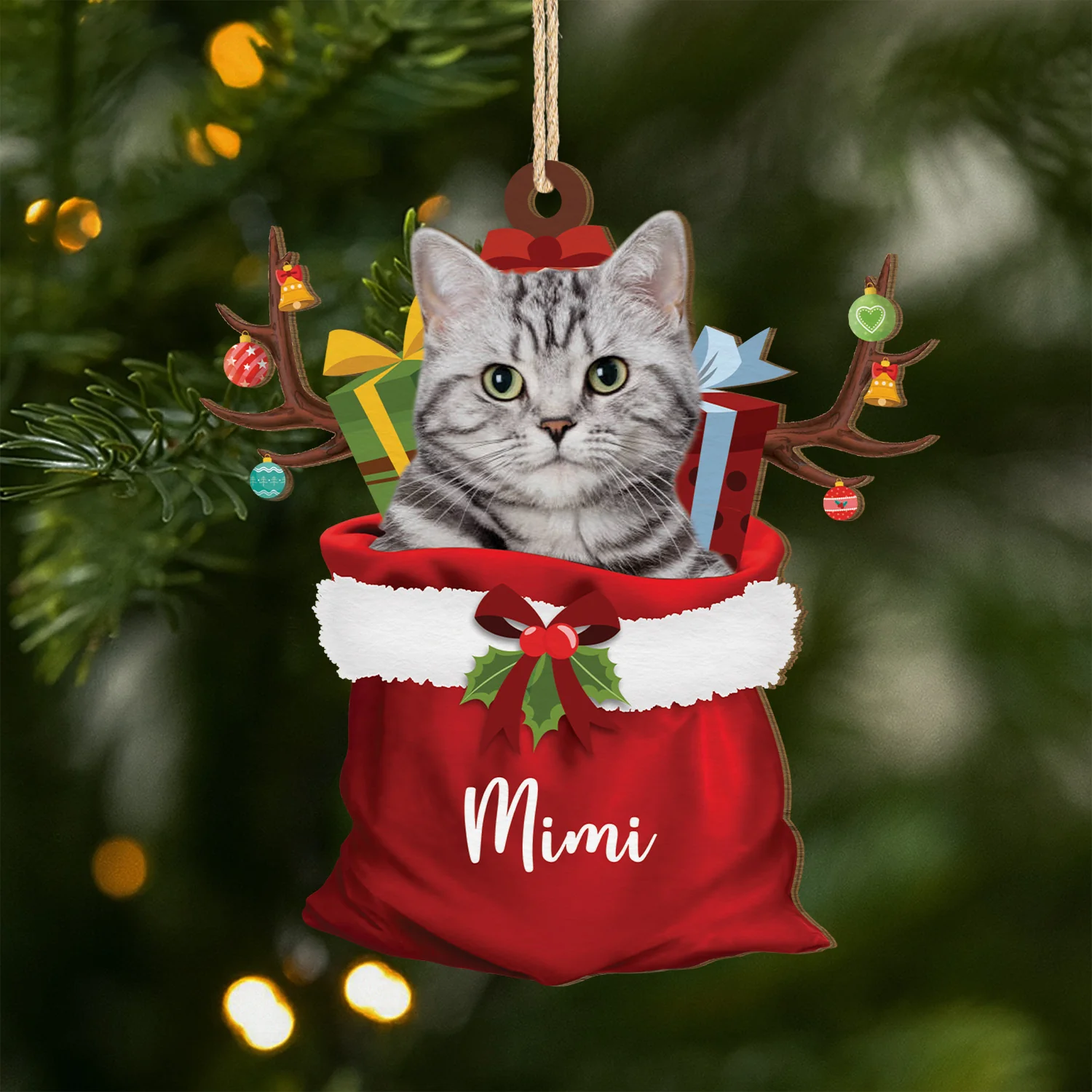 Ornement Noël En Bois À 1 Couche Personnalisé Chat avec Photo