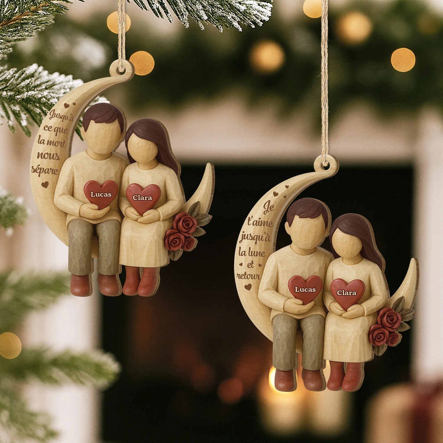 Ornement Noël En Bois À 1 Couche Personnalisé Couple - Jusqu’à La Lune Et Retour - Image 2