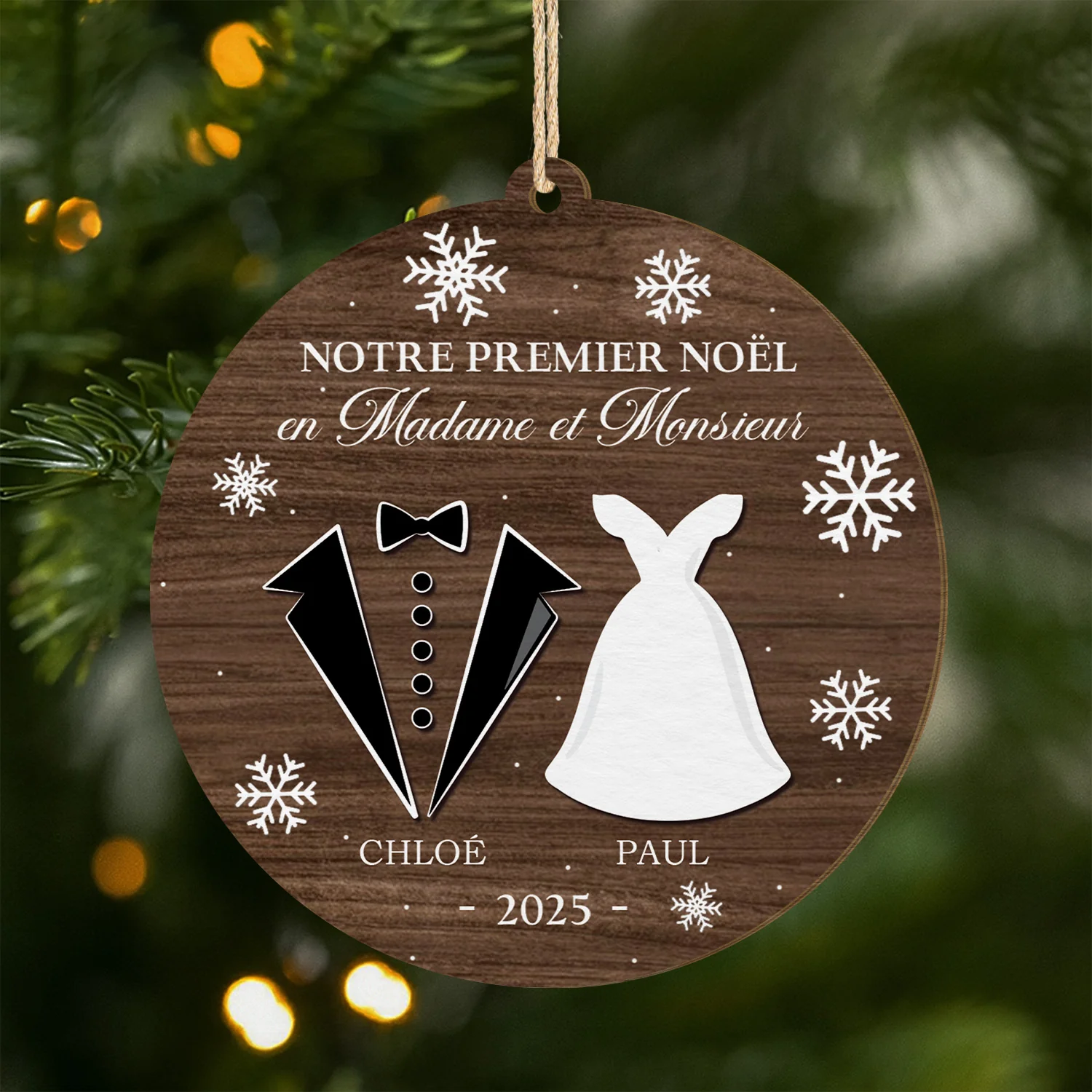 Ornement Noël En Bois À 1 Couche Personnalisé Couple - Premier Noël Mariage