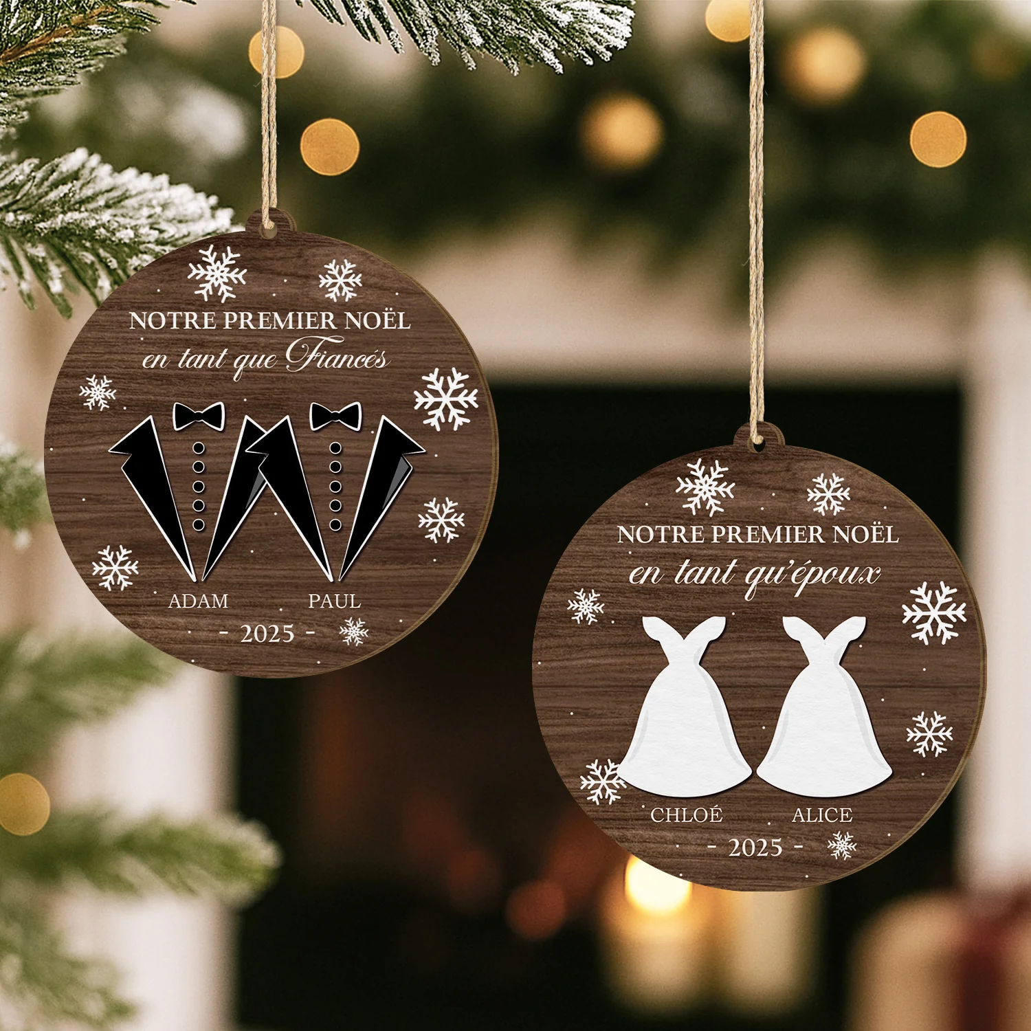 Ornement Noël En Bois À 1 Couche Personnalisé Couple - Premier Noël Mariage - Image 2