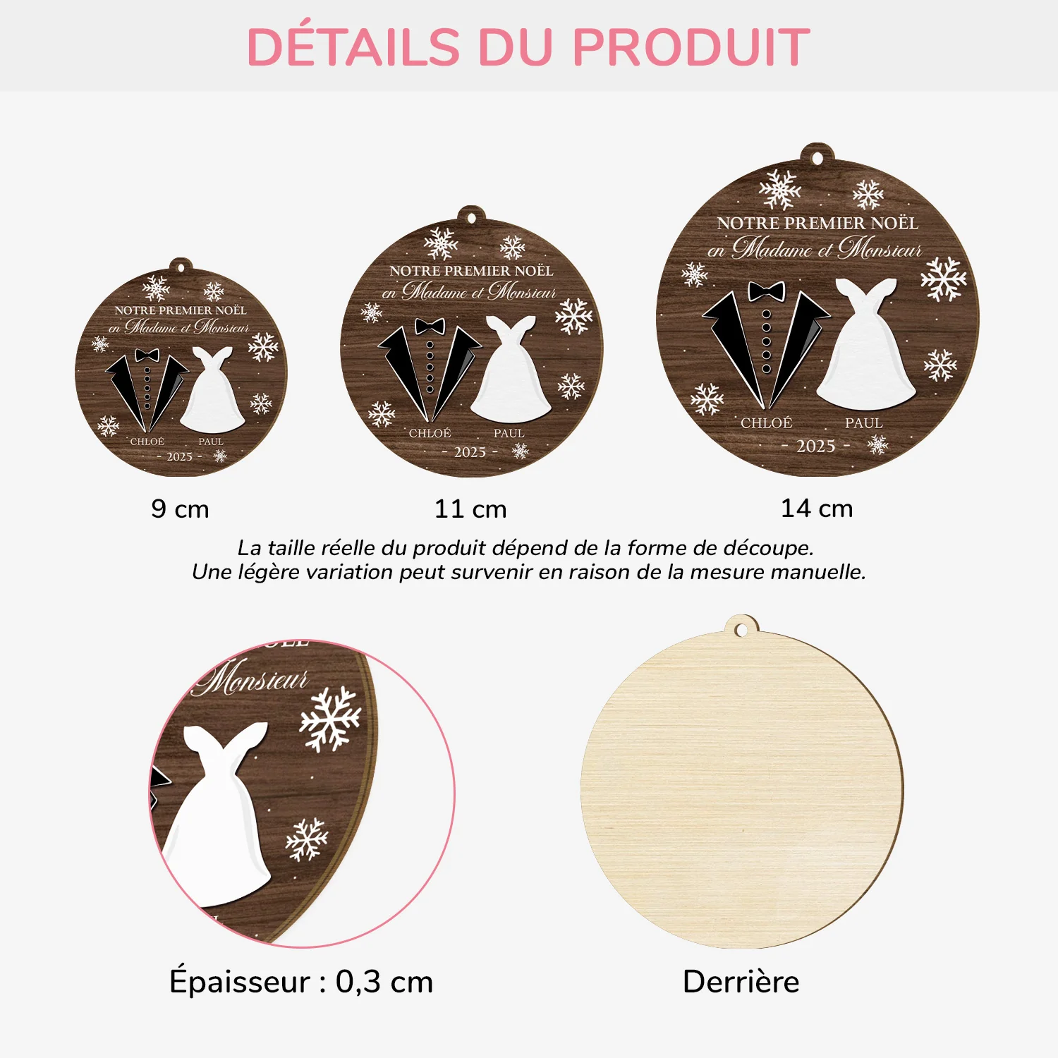 Ornement Noël En Bois À 1 Couche Personnalisé Couple - Premier Noël Mariage - Image 3