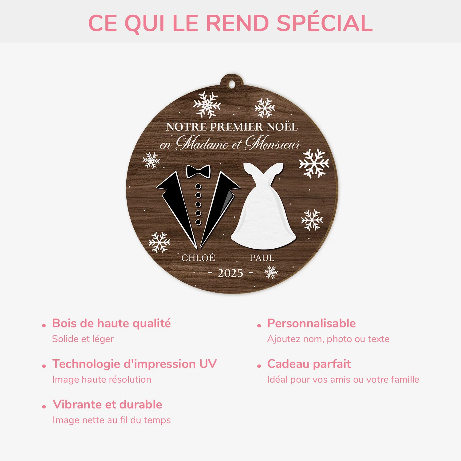 Ornement Noël En Bois À 1 Couche Personnalisé Couple - Premier Noël Mariage - Image 4