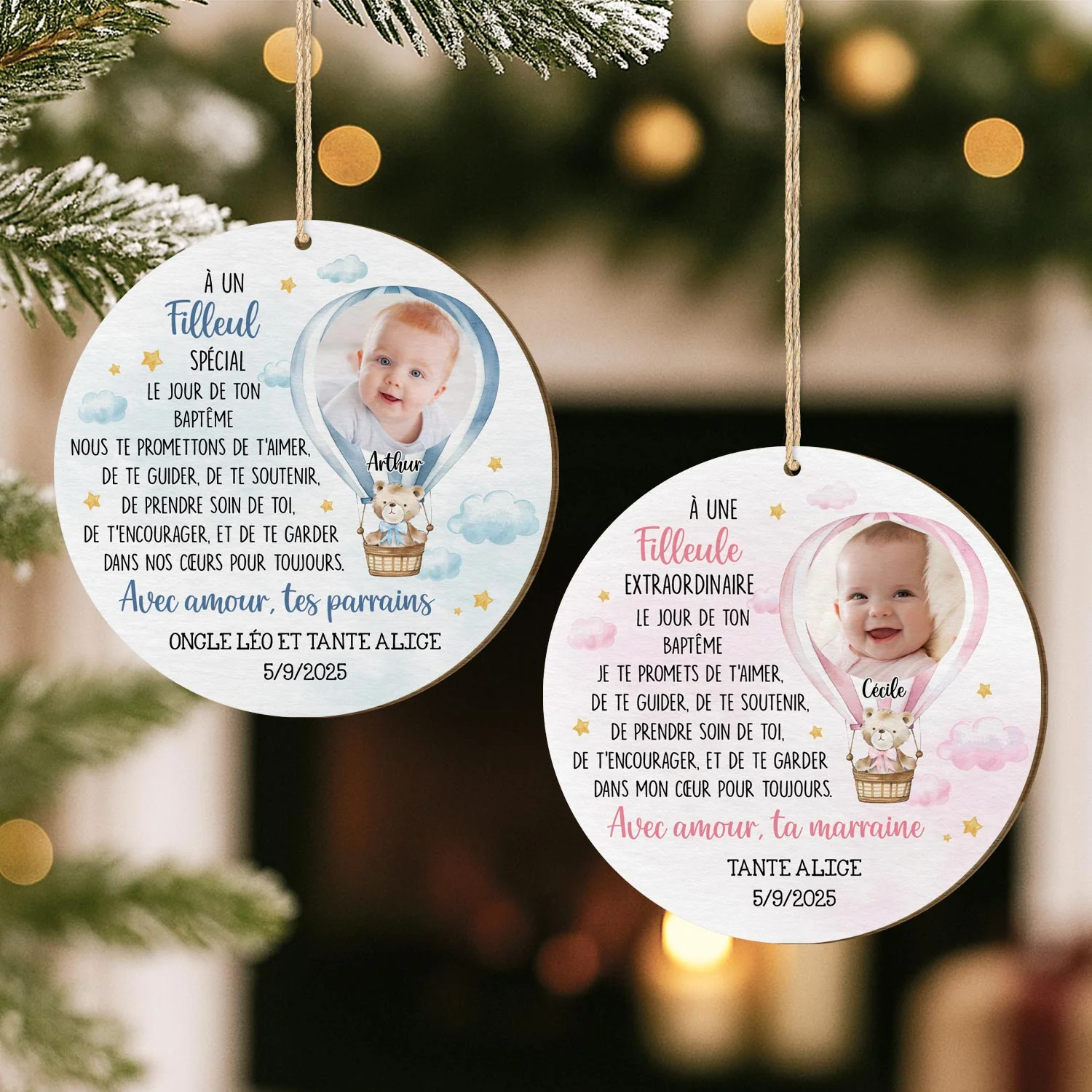 Ornement Noël En Bois À 1 Couche Personnalisé Enfant Avec Photo - Le Jour De Ton Baptême - Image 2