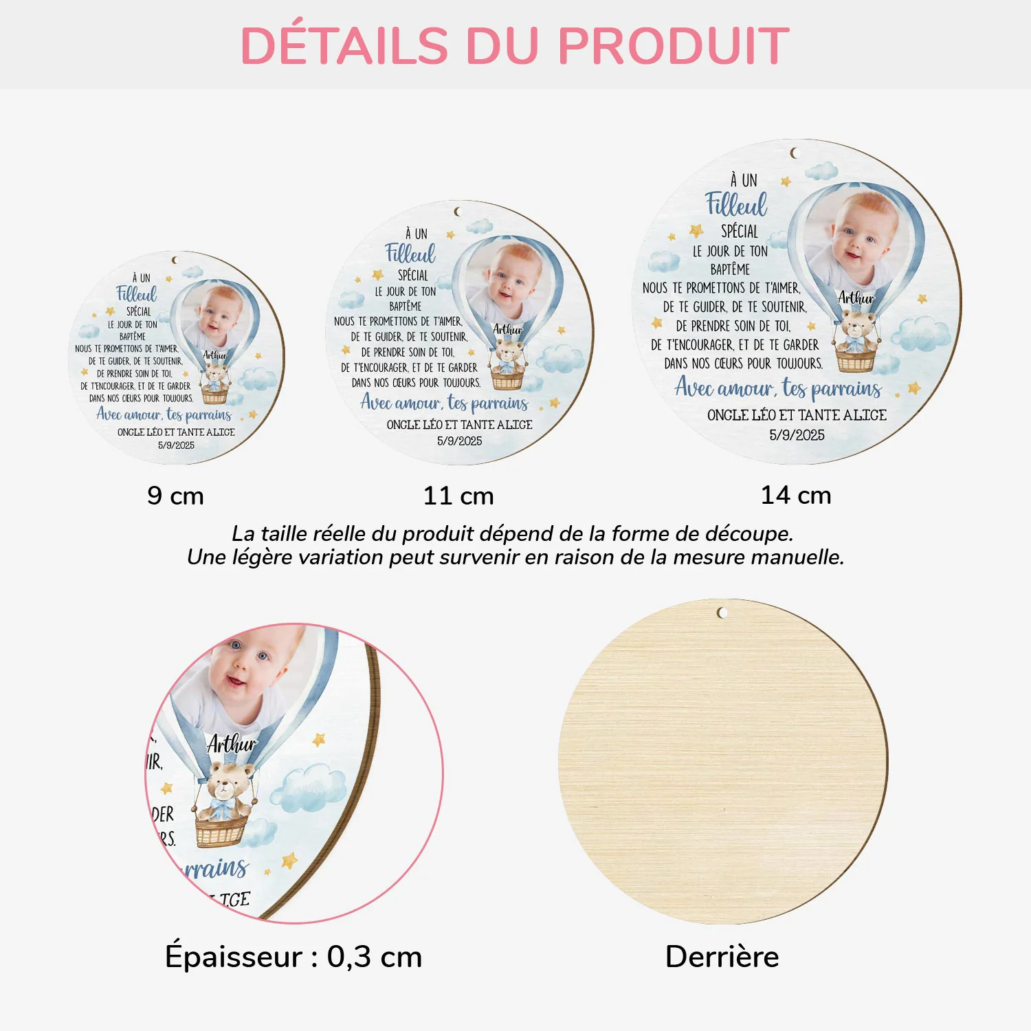 Ornement Noël En Bois À 1 Couche Personnalisé Enfant Avec Photo - Le Jour De Ton Baptême - Image 3
