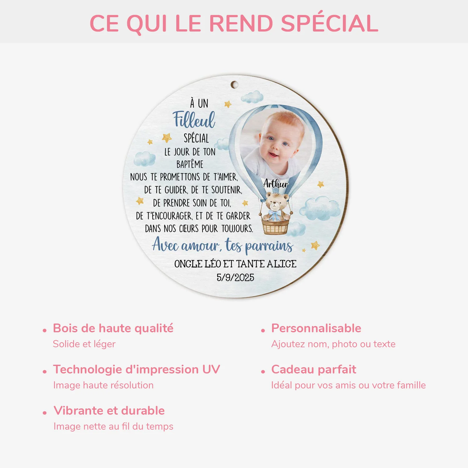 Ornement Noël En Bois À 1 Couche Personnalisé Enfant Avec Photo - Le Jour De Ton Baptême - Image 4