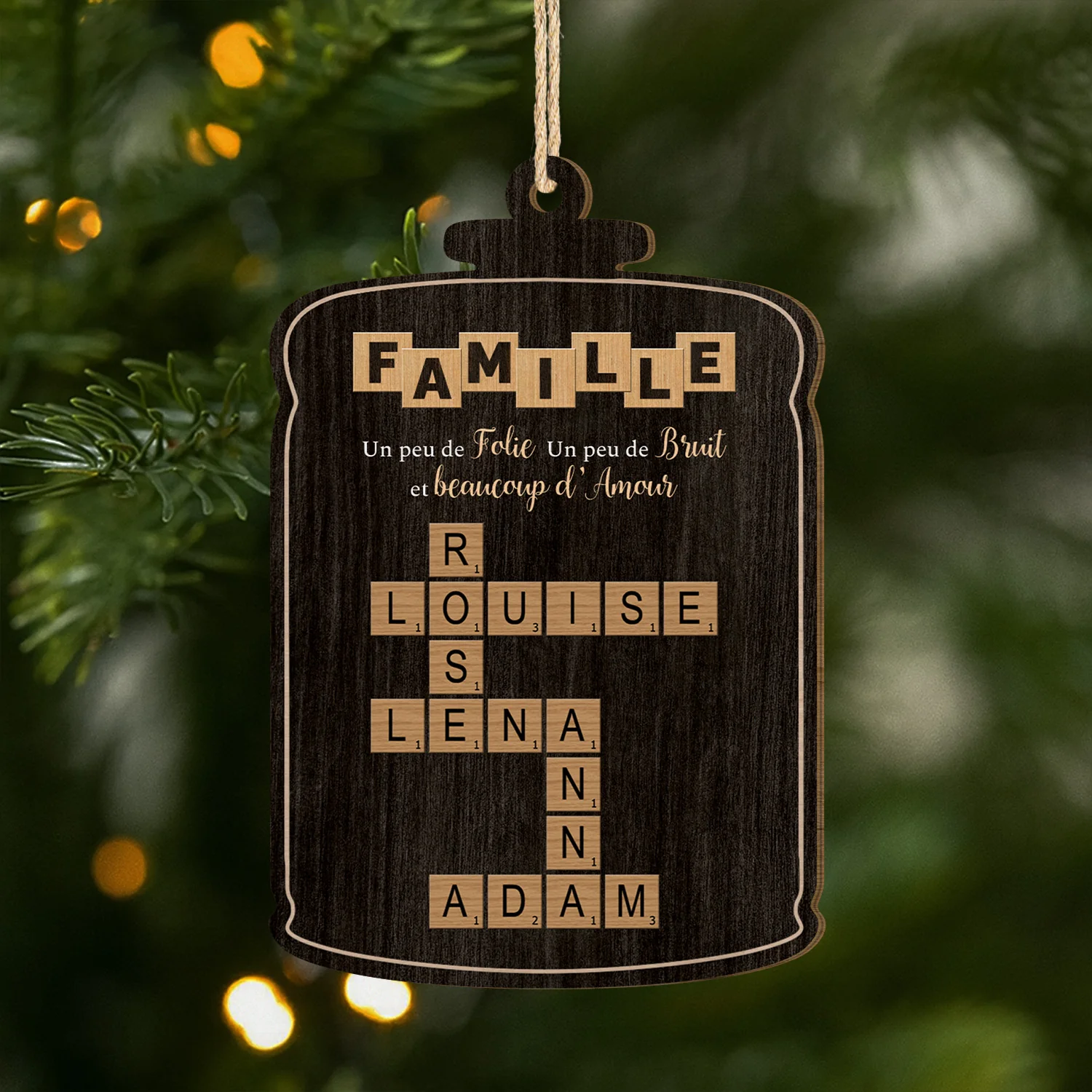 Ornement Noël En Bois À 1 Couche Personnalisé - Famille Beaucoup D'amour Avec Mots Croisés