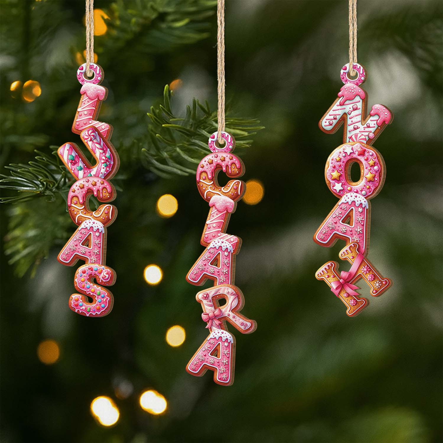 Décoration Noël Prénom Personnalisée – Lettres Style Biscuit Rose | Ornement Noël En Bois