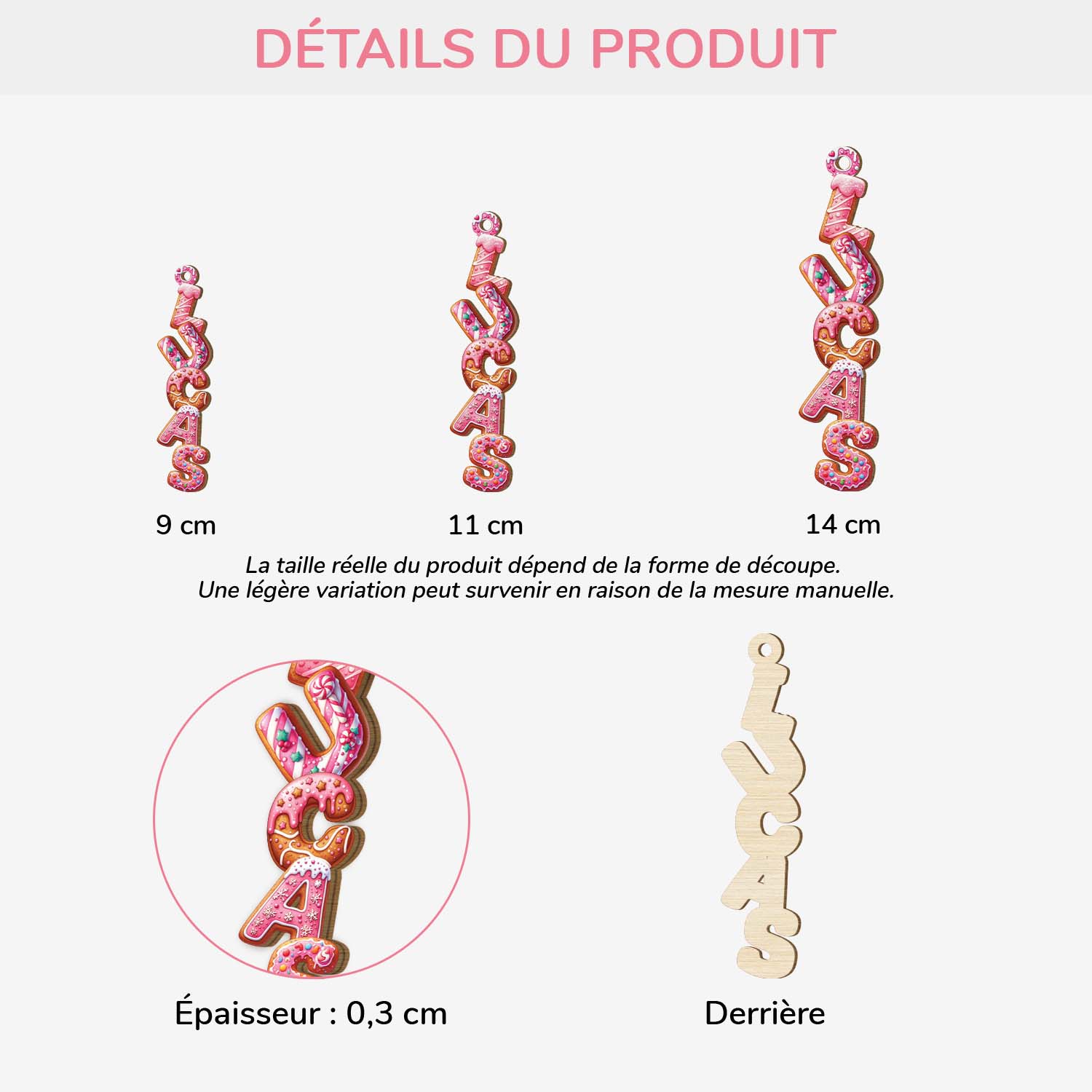 Décoration Noël Prénom Personnalisée – Lettres Style Biscuit Rose | Ornement Noël En Bois - Image 2