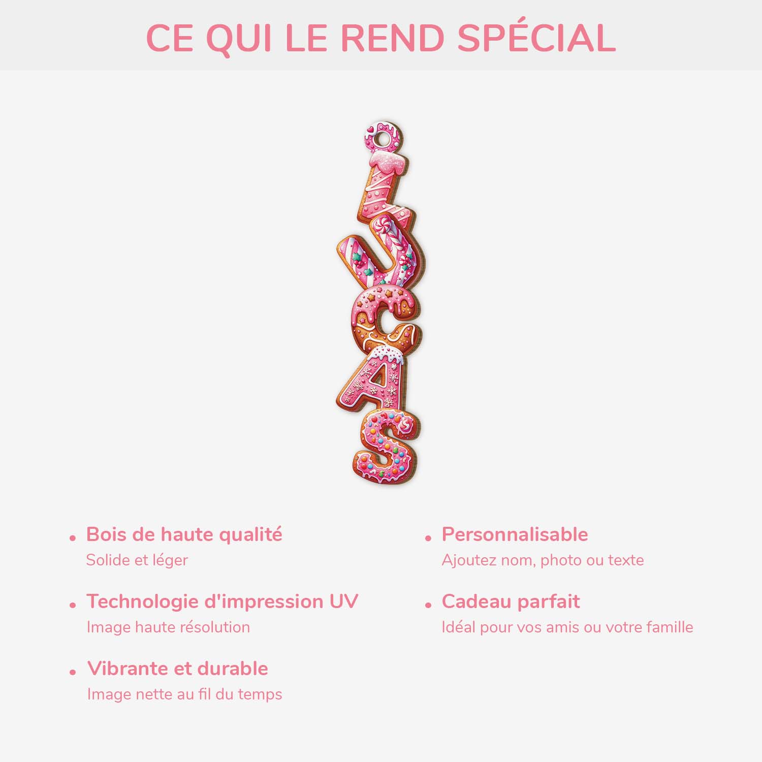 Décoration Noël Prénom Personnalisée – Lettres Style Biscuit Rose | Ornement Noël En Bois - Image 3